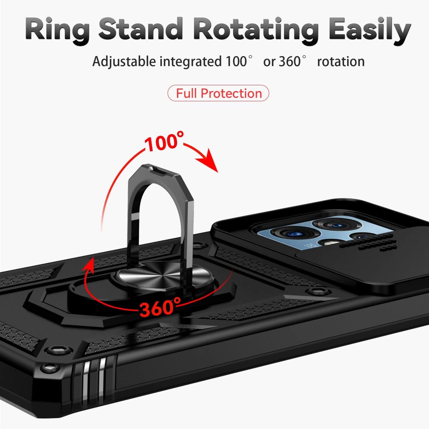For Motorola Edge plus 2023 Case W/ Slide Camera Cover HD Screen Protector [Military Grade 16Ft. Drop Tested] Magnetic Ring Holder Kickstand Protective Phone Case for Motorola Edge+ plus 2023, Black  PUSHIMEI Co., Ltd.   