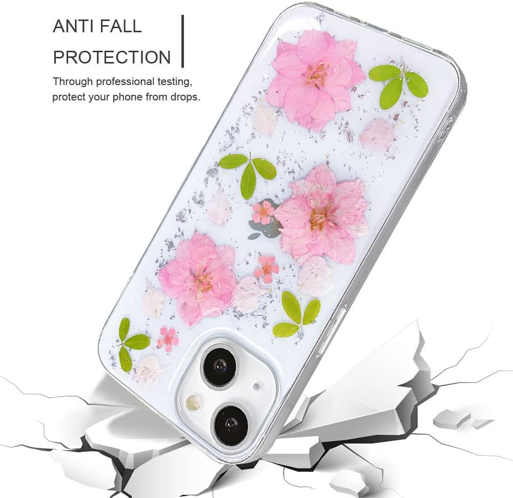Abbery Designed for Iphone 13 Pressed Flower Case, Cute Clear with Design Bling Glitter Sparkle Soft TPU Transparent Dried Real Flower Floral Aesthetic Case for Women Girls (3 Pink Flower)  Abbery   
