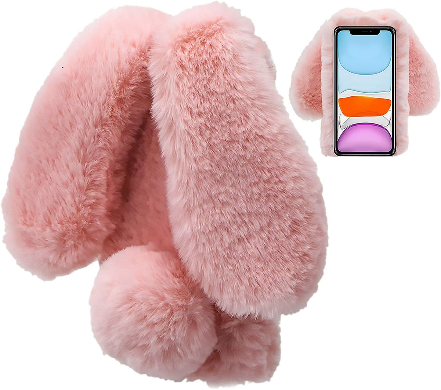 LCHDA Rabbit Case for Oneplus Nord N200 5G, Cute 3D Bunny Ears Soft Furry Hairball Fuzzy Warm Winter Faux Fur Plush Fluffy Flexible TPU Bumper Women Girls Protective Skin Cover - Brown  LCHDA Pink  