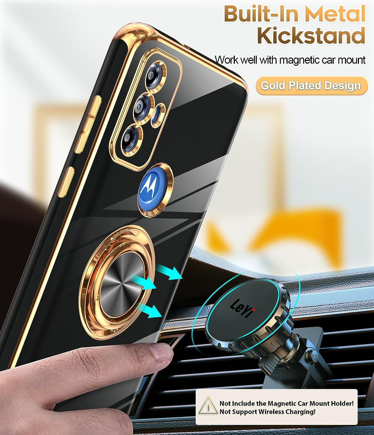 Leyi for Moto G Play 2023 Phone Case: with Tempered Glass Screen Protector [2 Pack] 360° Rotatable Ring Holder Magnetic Kickstand, Plating Rose Gold Edge Protective Case, Black  LeYi   