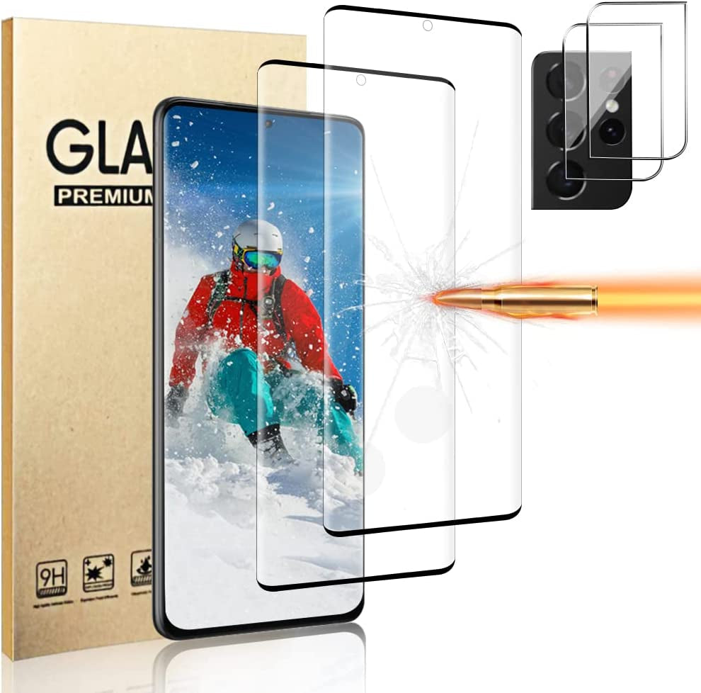 [2+2 Pack] Samsung S21 Ultra Screen Protector, 9H Tempered Glass Include 2 Pack Camera Lens Protector,Ultrasonic Fingerprint Support, 3D Curved, Bubble-Free Glass Screen Protector, for Samsung Galaxy S21 Ultra (6.8 Inch)  MAXVITAVELA For Galaxy S21 Ultra Screen Protector 6.8 Inch  