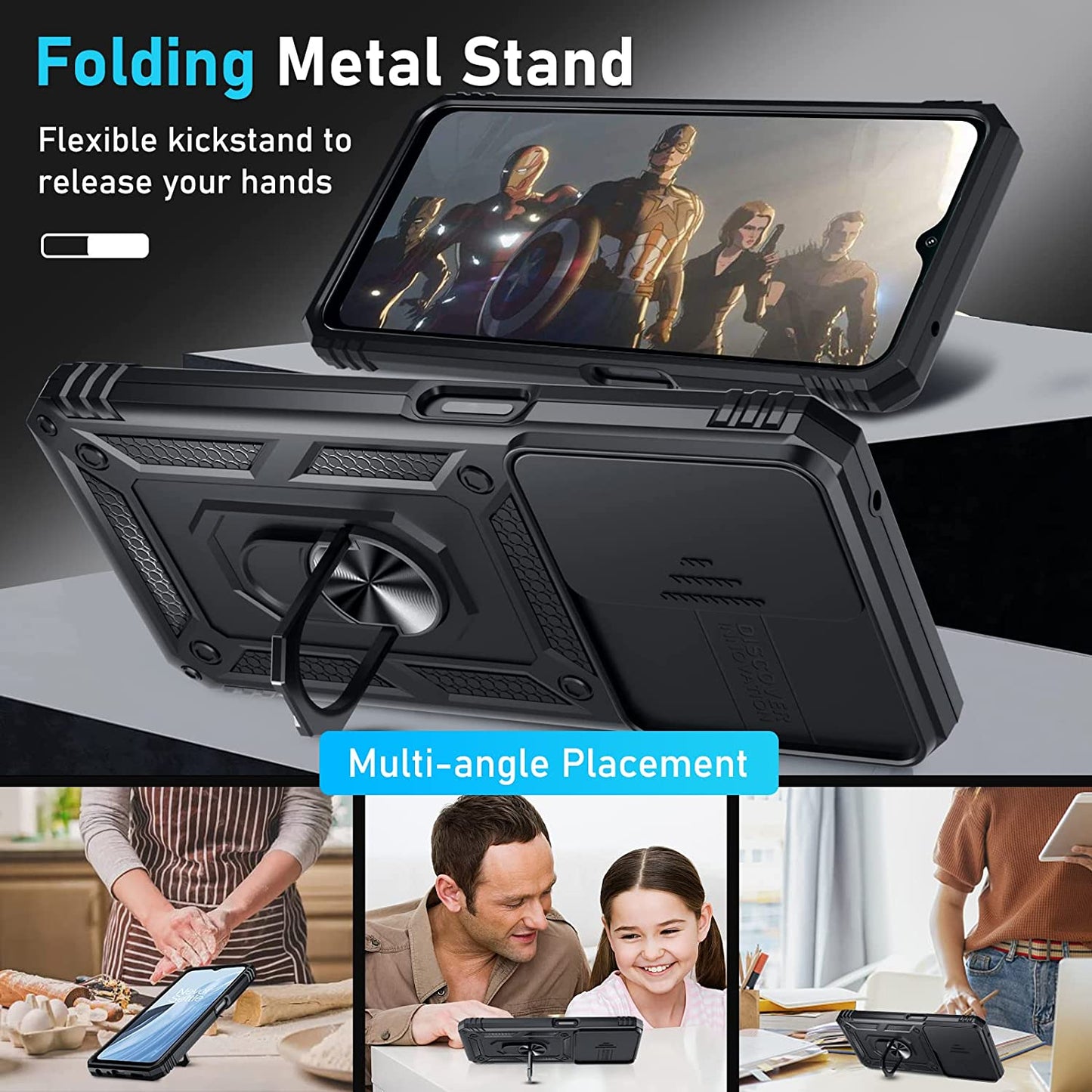 Janmitta Oneplus Nord N300 5G Case Built in Slide Camera Lens Cover and Screen Protector,Heavy Duty Shockproof Full Body Protective Phone Cover,Built in Finger Ring Stable Holder Kickstand,2022 Black  Janmitta   