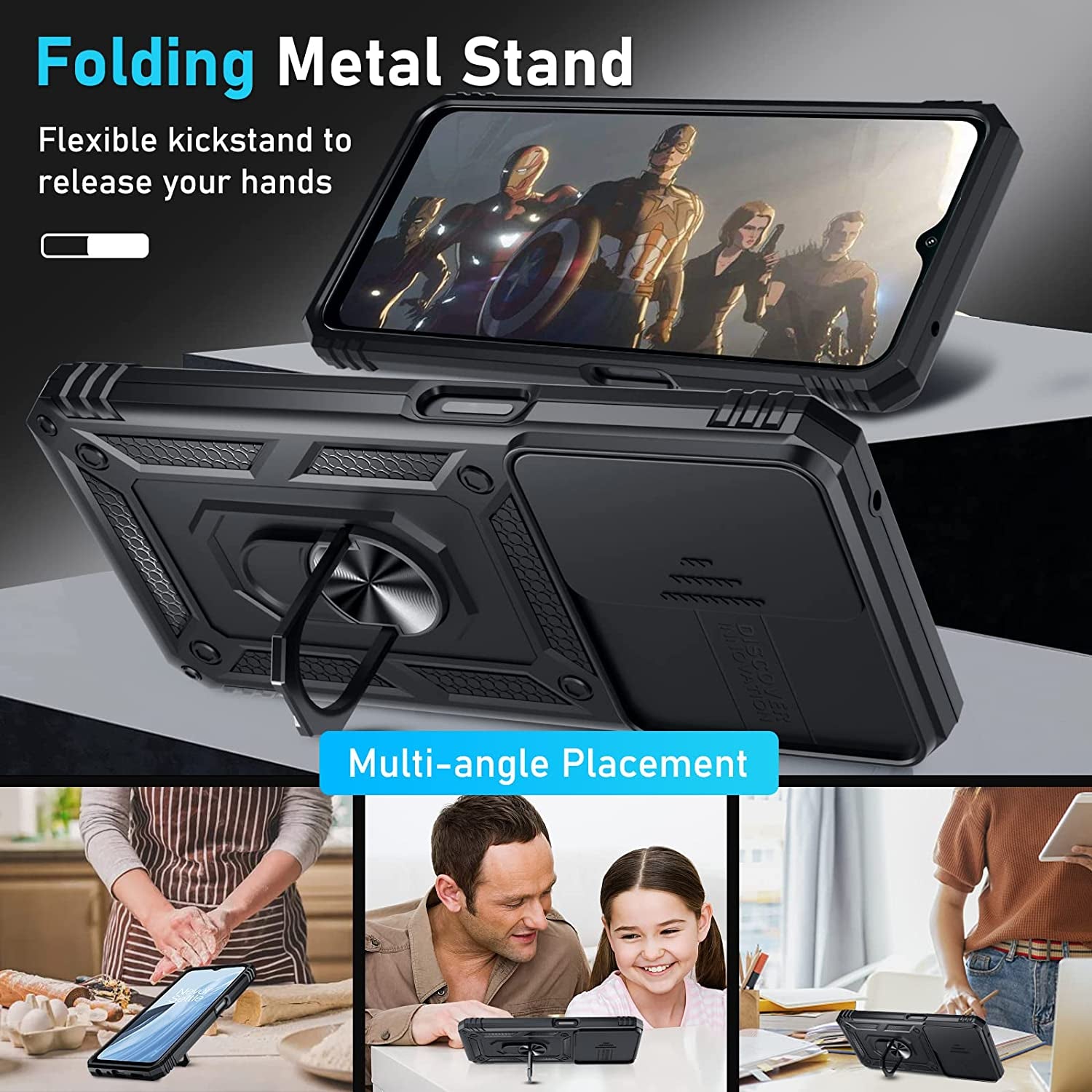 Janmitta Oneplus Nord N300 5G Case Built in Slide Camera Lens Cover and Screen Protector,Heavy Duty Shockproof Full Body Protective Phone Cover,Built in Finger Ring Stable Holder Kickstand,2022 Black  Janmitta   