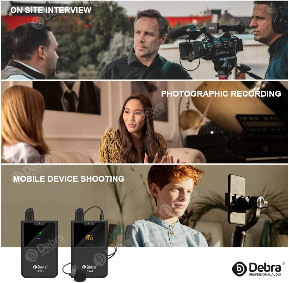 D Debra New Version DV UHF Wireless Lavalier Microphone with Remote Real-Time Sound Monitor for DSLR Camera Vlog Phone Interview Live Recording, Wireless Lapel Microphone (DV-02 Dual Mics)  D Debra   