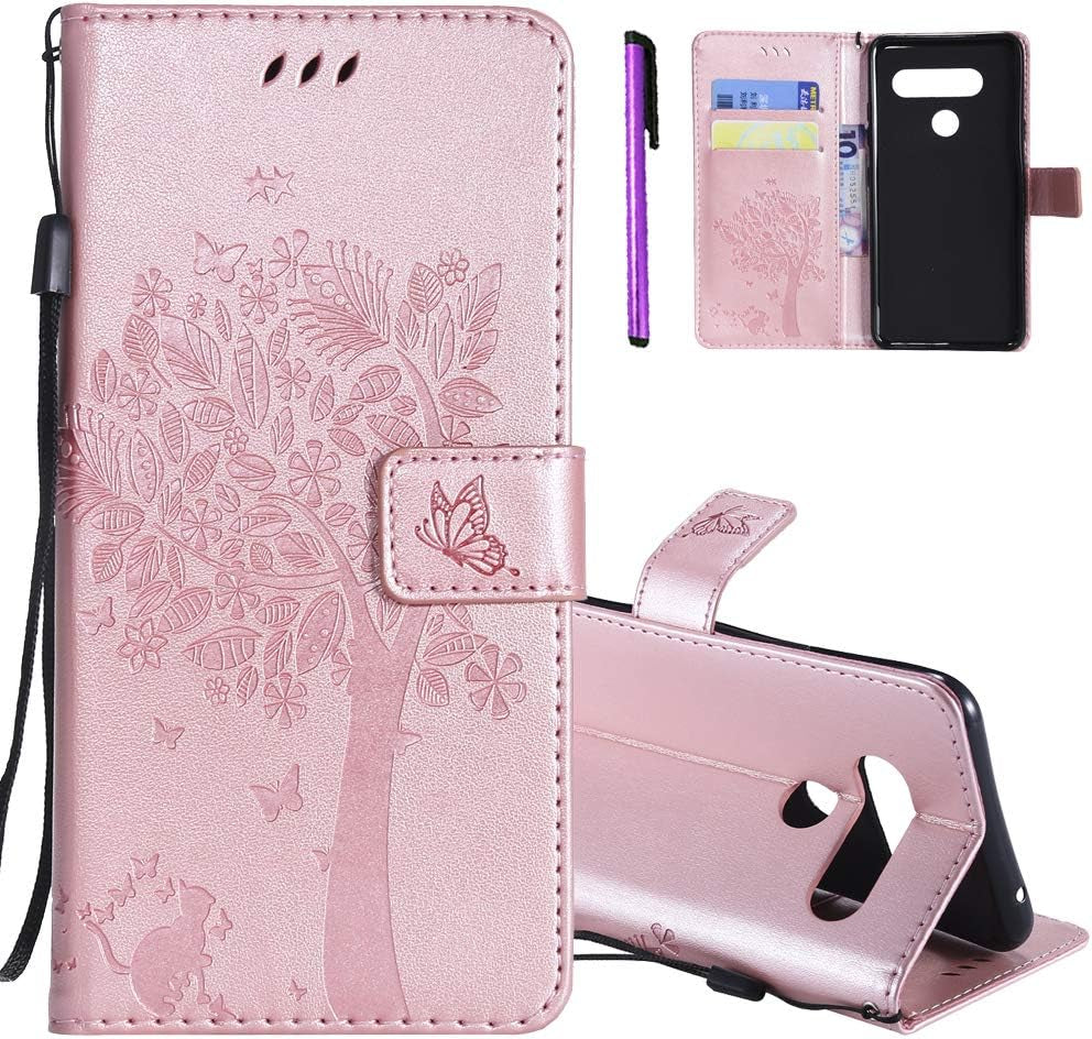 ISADENSER LG V40 Thinq Case LG V40 Flip Case for Women [Wallet Stand] as Case with Cards Slot Holder Cash Pockets Magnetic Closure PU Leather Wallet Case Cover for LG V40 Thinq Blue Cat Wish Tree  ISADENSER D] Kt-Wish Tree Leather-8  