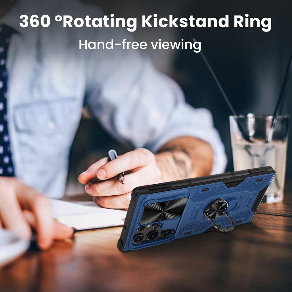 VEGO Compatible for Galaxy S22 Ultra Stand Case with Slide Camera Cover, Built-In 360° Rotate Magnetic Ring Stand Heavy Duty Protective Cover Case for Samsung Galaxy S22 Ultra 5G 6.8 Inch 2022 - Blue  VEGO   