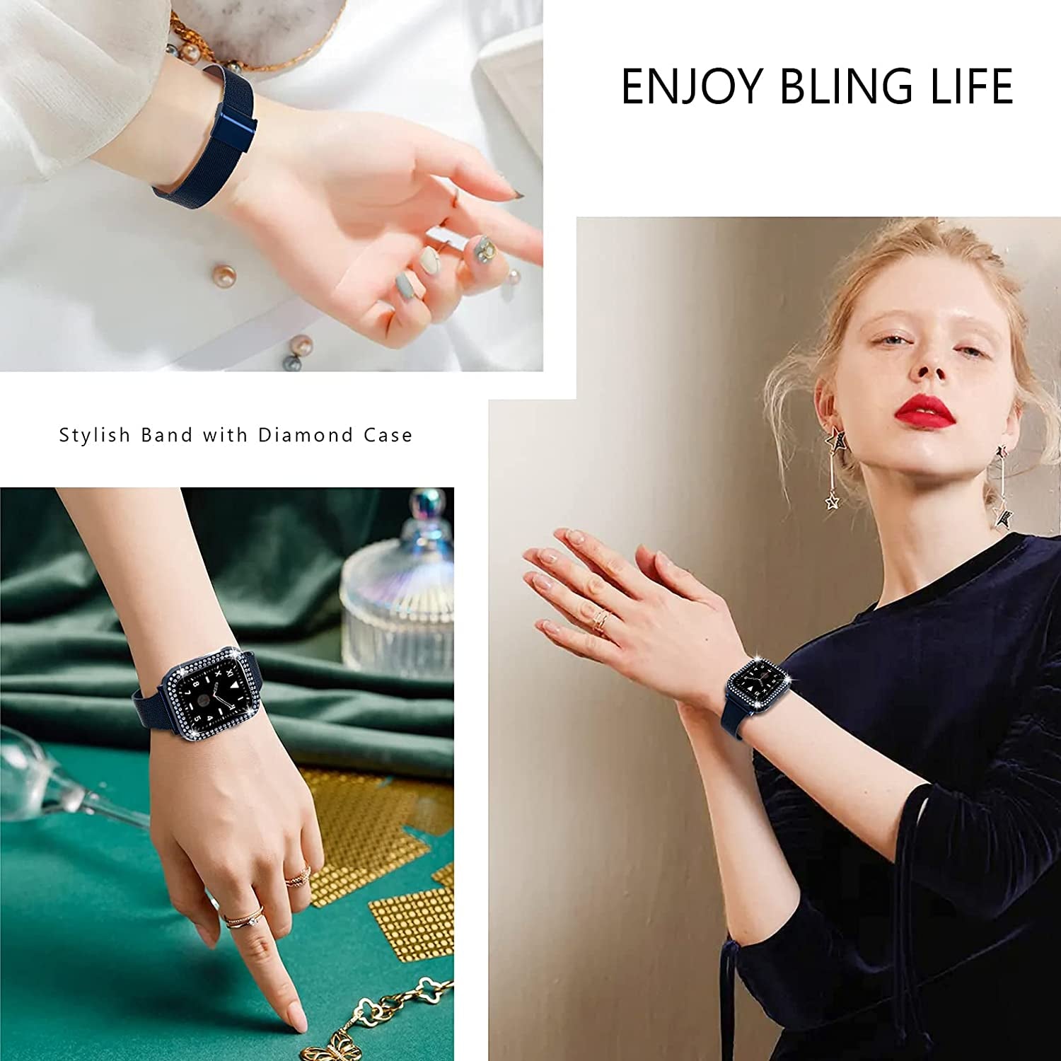 QVLANG Slim Watch Band Compatible with Apple Watch Band 38Mm 40Mm 42Mm 44Mm for Women Girls, Stainless Steel Metal Mesh Wristband & Bling Diamond Case for Iwatch SE Series 6/5/4/3/2/1 (Blue, 40Mm)  QVLANG   