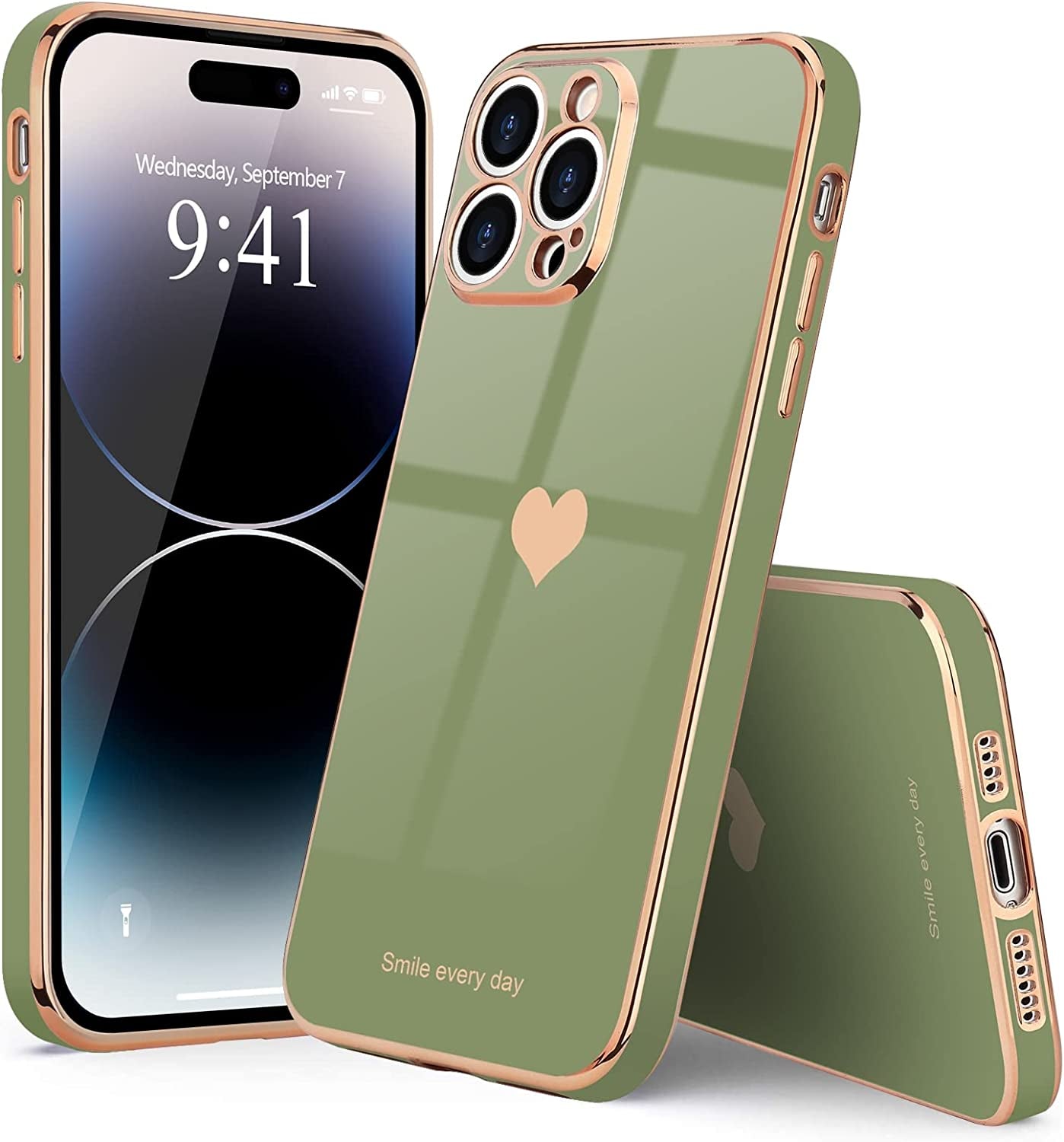 Teageo for Iphone 14 Pro Case for Women Girl Cute Love Heart Luxury Plating Soft Bling Back Cover Raised Full Camera Protection Bumper Silicone Shockproof Phone Case for Iphone 14 Pro, Green  janzee   