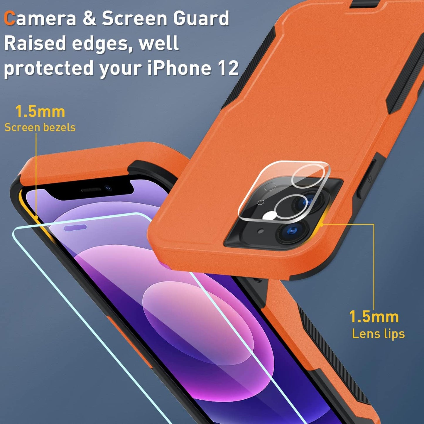 Xmon for Iphone 12 Case [Shockproof] [Dropproof] [Tempered Glass Screen Protector with Camera Lens Protector] Heavy Duty Phone Case Cover for Apple Iphone 12 and Iphone 12 Pro 6.1 Inch (Orange)  Xmon   