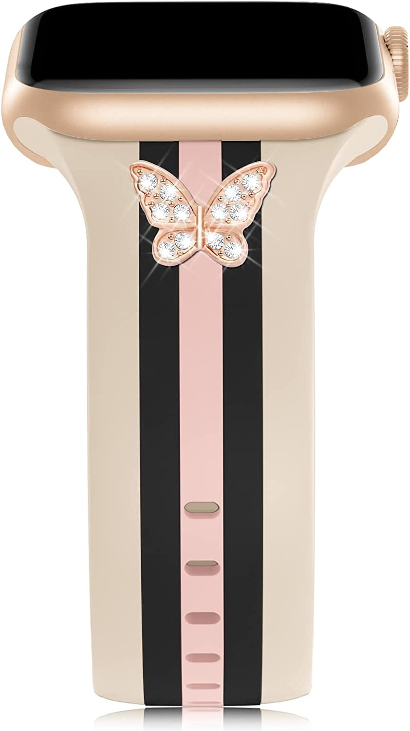 Designer Band with Charms Decor Compatible with Apple Watch Band 38Mm 40Mm 41Mm 42Mm 44Mm 45Mm 49Mm Women Men, Stylish Silicone Sport Wristbands for Iwatch Series 8 7 6 5 4 3 2 1 SE Ultra  Bagoplus Walnut/Black/Pink-Diamond-Butterfly 42mm/44mm/45mm/49mm 