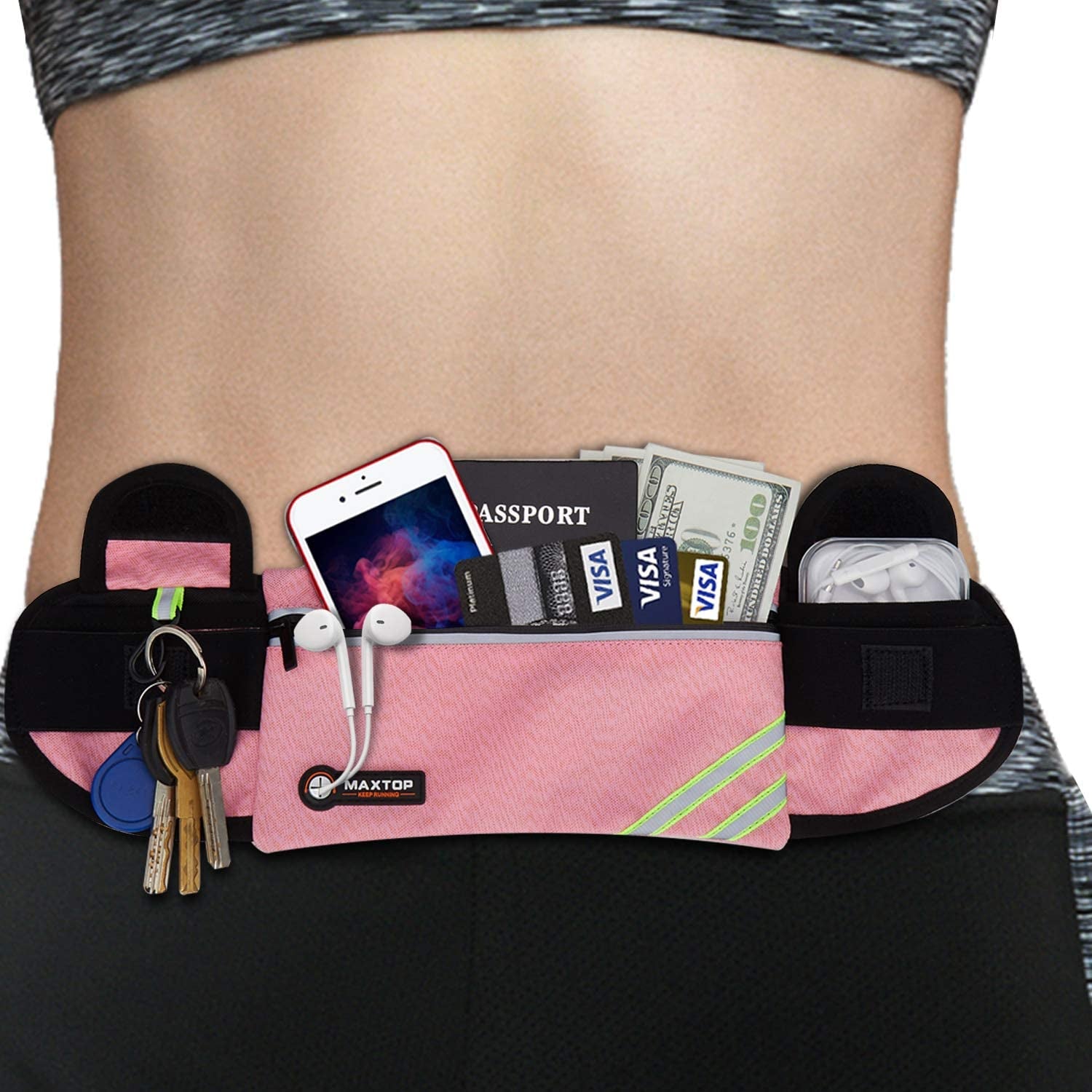 【2 Packs Family Share Bundle】Fanny Packs for Women Men Running Belt Waist Pack Bag for Workout Gym Exercise Walking Hiking Belt Bag Waist Pouch Fits Iphone Cell Phone Holder for Travel Money Belt  MAXTOP Pink Running Money Belt 