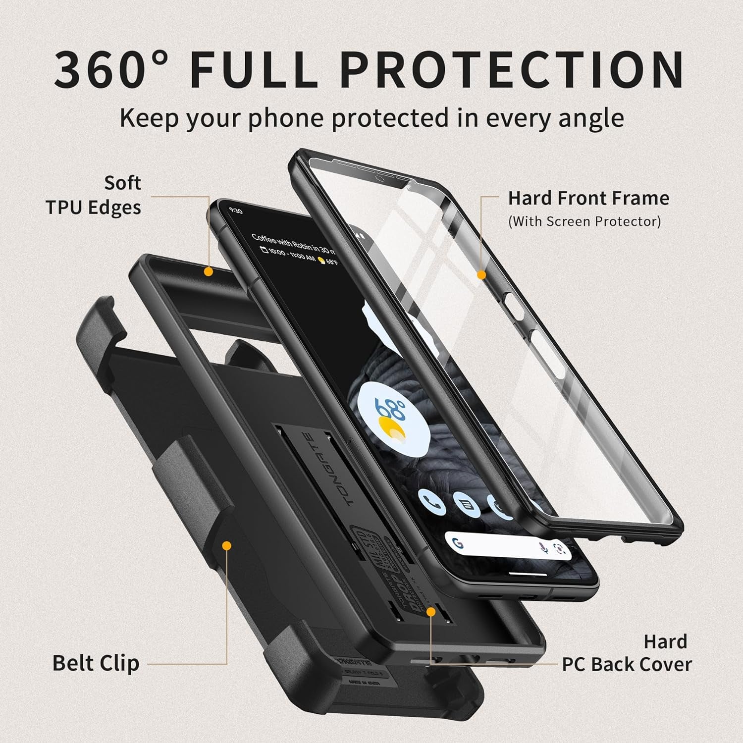 TONGATE for Pixel 8 Pro Case(2023), [Bulit-In Slide Camera Cover & Screen Protector] Military Grade Shockproof Rugged 5G Phone Case with Kickstand & Belt Clip for Google Pixel 8 Pro 6.7", Black  TONGATE   