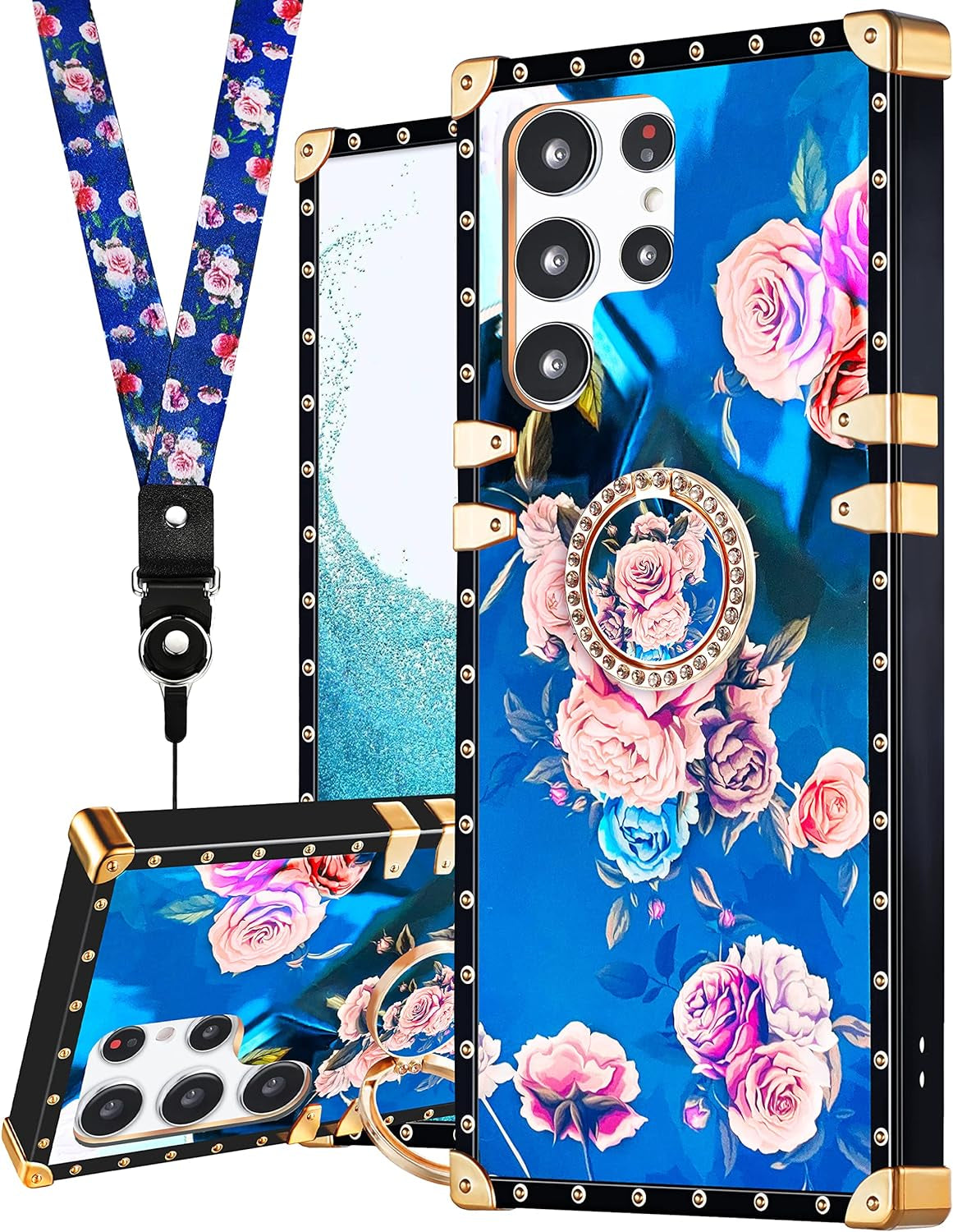 Loheckle for Samsung Galaxy S22 Ultra Case for Women Girls with Ring Stand Holder and Lanyard, Marble Camo Retro Luxury Glamour Cute Square Edges Phone Cover for S22 Ultra  JianKeJi 3-Rose-S22-Ultra  