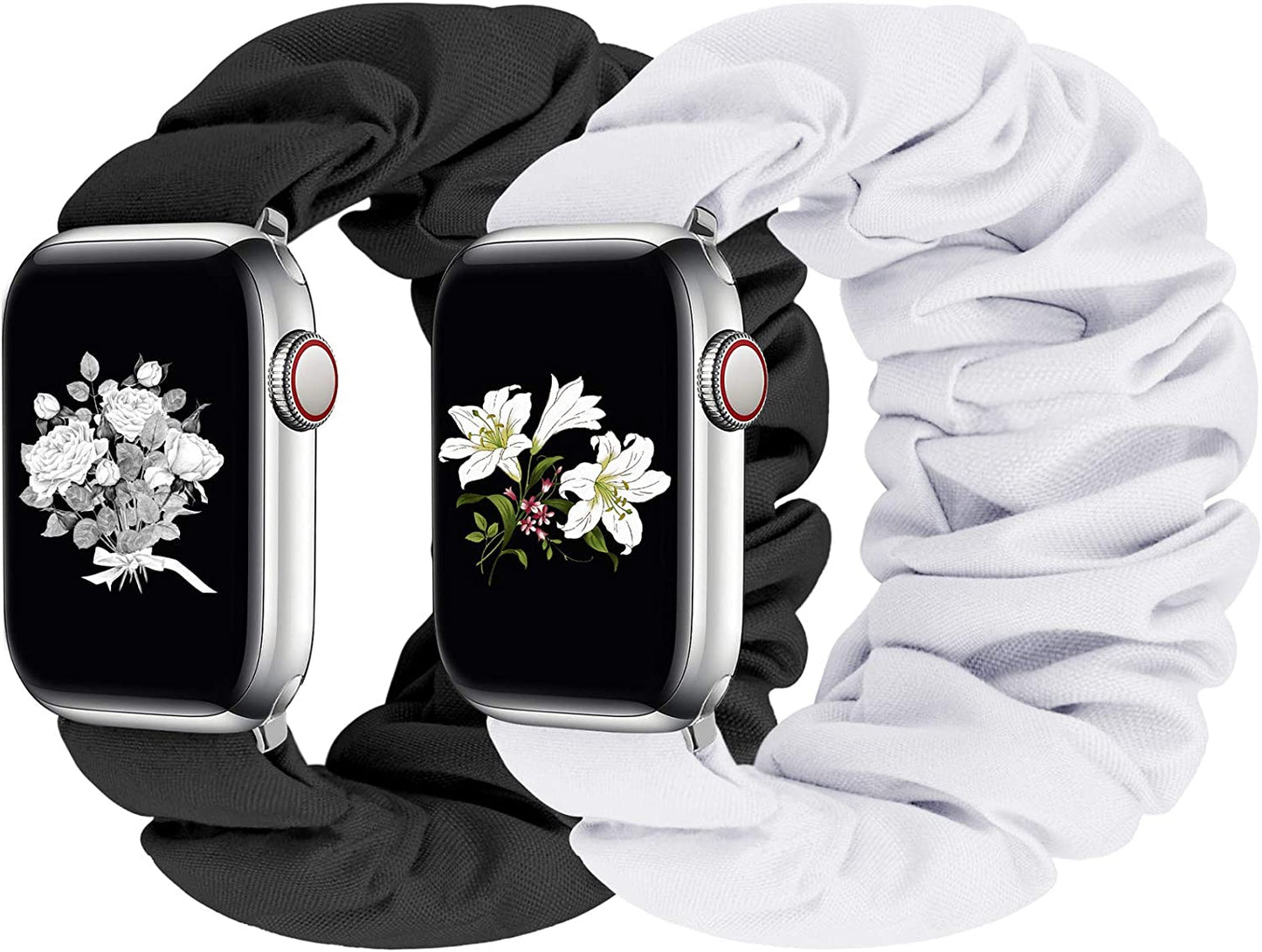 Greatfine Compatible for Apple Watch Band Scrunchie 38Mm 40Mm 41Mm 42Mm 44Mm 45Mm,Soft Elastic Scrunchie Watch Bands,With Iwatch Series 8 7 6 SE 5 4 3 2 1 Ultra,Replacement Wristband for Women(S/M)  HSELE 2PC-Black+White 42mm/44mm/45mm-S/M 