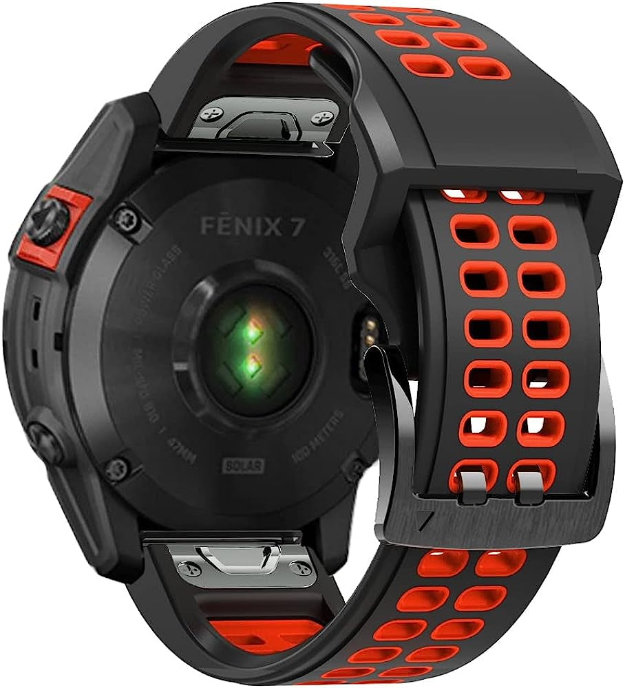 REYDA Silicone Band Compatible for Garmin Fenix 7/6/6 Pro/5/5 Plus, Soft Breathable Silicone Metal Bracelet Sport Wristband Replacement Band for Garmin Forerunner 935/945/955/965/Approach S60/S62  REYDA Black/Red  