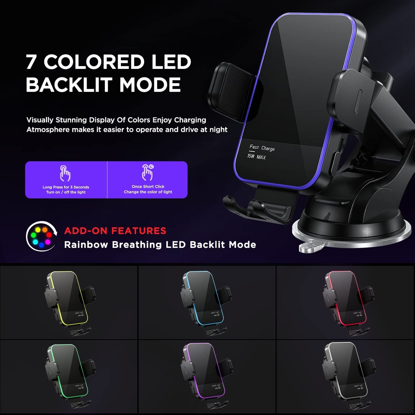 Wireless Car Charger,【7 Colored LED Backlit】Mosurr 15W Auto Clamping Car Charger Phone Mount Holder Fit for Iphone 14 13 12 Mini Pro Max 11 XR XS X, Samsung Galaxy S23 Ultra S22 S21+ S10+ Note 20, Etc  Mosurr   