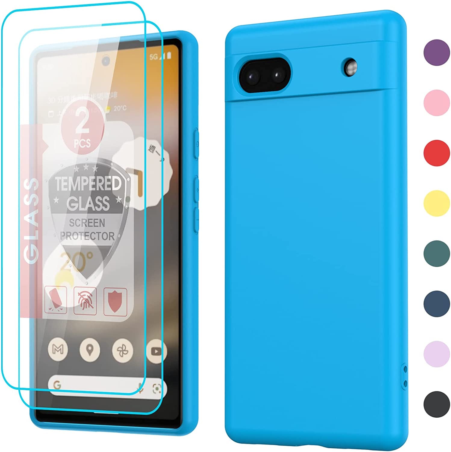 Leyi for Liquid Silicone Google Pixel 6A 5G Case: with 2-Pack Tempered Glass Screen Protectors, Soft Microfiber Liner, Orange  LeYi Sky Blue  