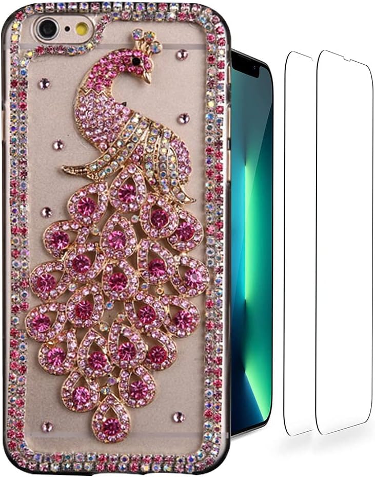 Luziun Glitter Design Phone Case Compatible with Oneplus Nord N200 5G - 3D Luxury Girls Women Shiny Bling Handcrafted Protective Cover with Screen Protector (2 Pack) - Butterfly Floral Flower  LUZiUN Hot Pink Peacock - Case Design For Iphone 13 Pro Max 