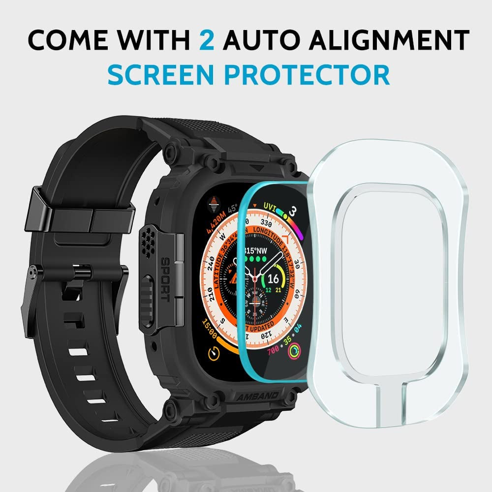 Amband Bands Case Screen Protector Compatible with Apple Watch Ultra 49Mm, M1 Sport Series Rugged Cover Strap and 2 Pack Tempered Glass Film, Military Protective Bumper for Iwatch 49 Mm Men Black  amBand   