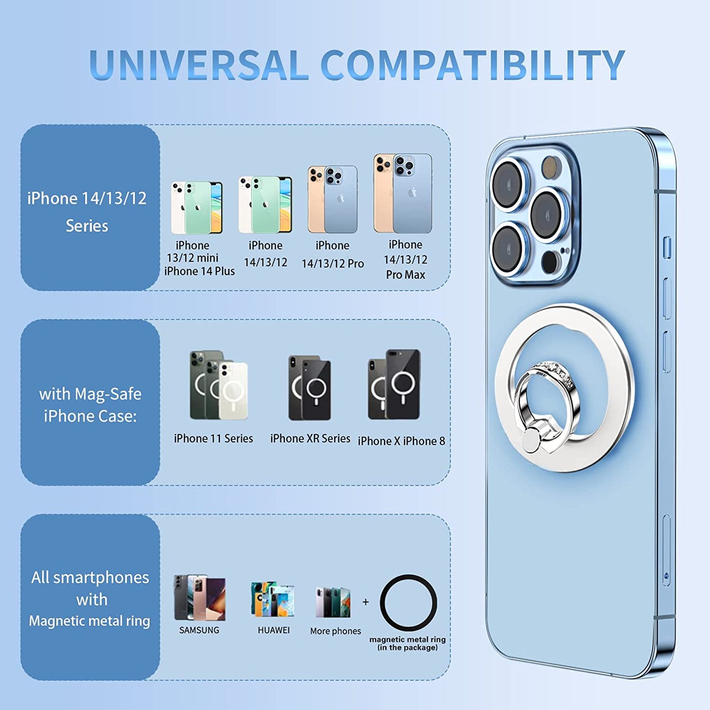 AUROX Magnetic Phone Ring Holder for Iphone 14 13 12 Magnetic Phone Grip for Magsafe Accessories 360° Rotation Adjustable Phone Finger Ring Stand【Removable for Wireless Charging】(Light Blue)  AUROX   