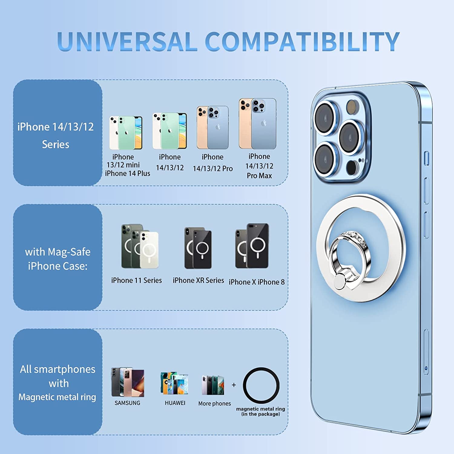 AUROX Magnetic Phone Ring Holder for Iphone 14 13 12 Magnetic Phone Grip for Magsafe Accessories 360° Rotation Adjustable Phone Finger Ring Stand【Removable for Wireless Charging】(Light Blue)  AUROX   