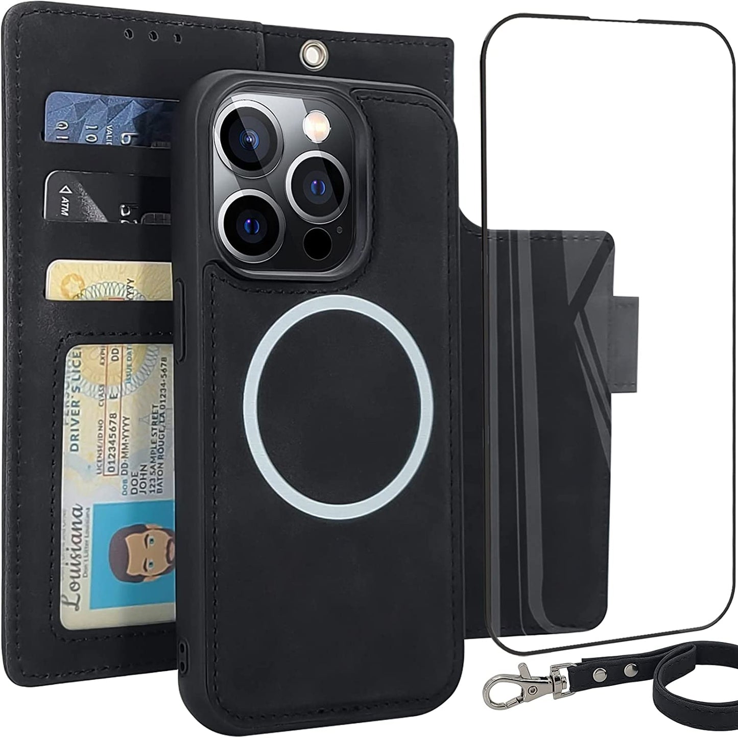 CAVOKAS Case Wallet for Iphone 14 Pro Wallet Case, 6.1 Inch Magnetic Detachable Leather Flip Case with Card Holders, Compatible with Magsafe Wireless Charging Kickstand Phone Cover RFID Block, Blue  CAVOKAS Black iPhone 14 Pro 