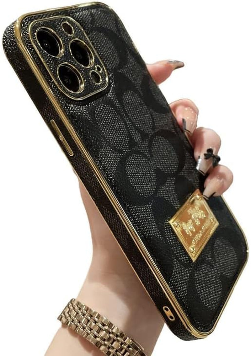 Designer Iphone 14 plus Case for Women Luxury 6.7 Inch, Leather Back Edge with Plate Gold Rim Classic Pattern Bling Glitter Nameplate Camera Protection Cover, Non Slip Shockproof Protective, Khaki  JIUDUIDODO Black For Iphone 11 