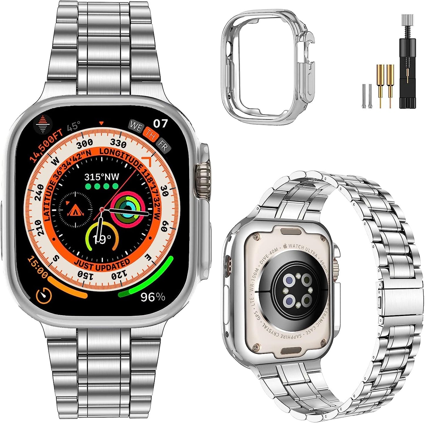 Miohhr Solid Stainless Steel Band Compatible with Apple Watch 49Mm 45Mm 44Mm 42Mm 41Mm 40Mm 38Mm, Metal Strap for Iwatch Series Ultra 8 7 6 5 4 3 2 1 SE Women and Men  MioHHR Silver (Ultra) 49 mm (Ultra) 