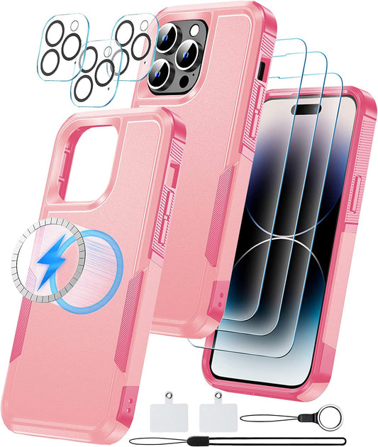 MOZOTER [6 in 1 for Iphone 14 Pro Max Phone Case [Compatible with Magsafe][Military Grade Drop Protection][Glass Screen Protector+Camera Lens Protector] Heavy Duty Shockproof Case 6.7 Inch Pink  MOZOTER   
