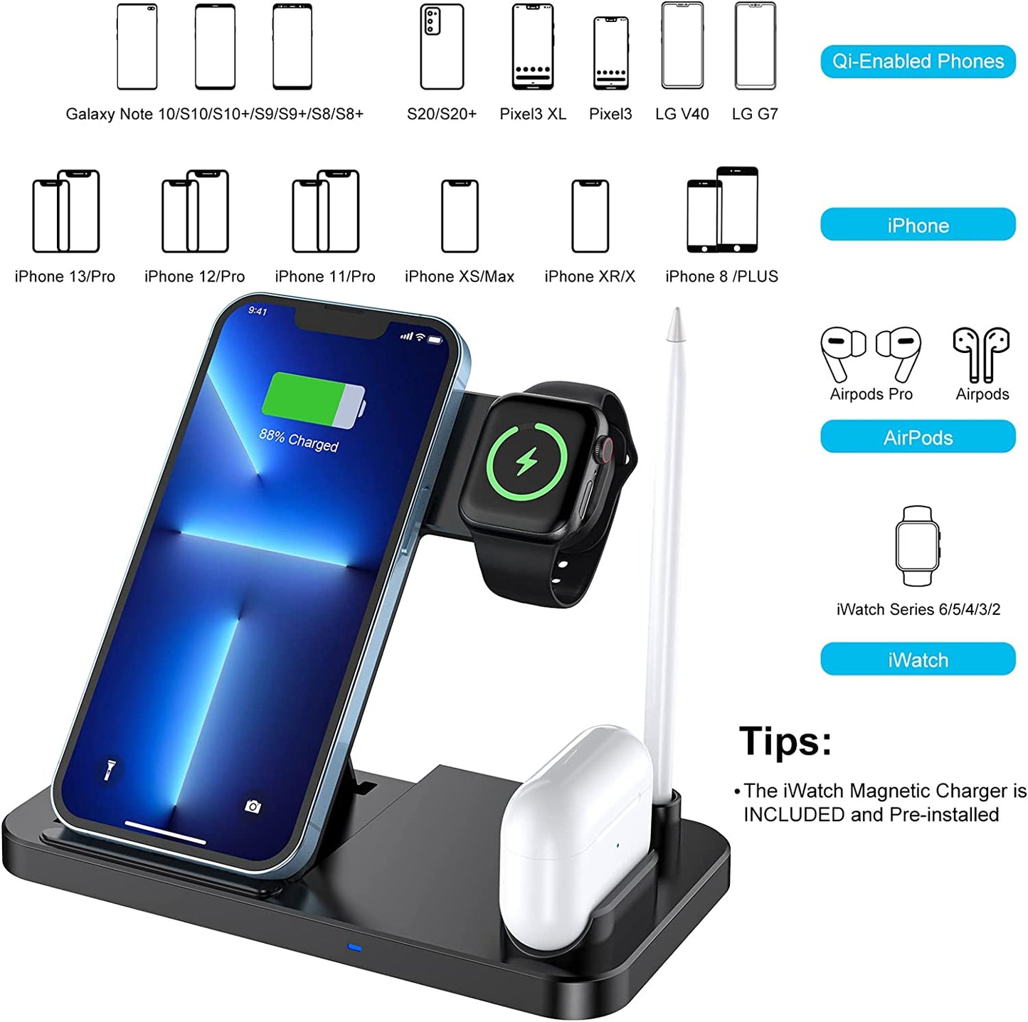 Wireless Charger, CANUVU 4 in 1 Foldable Fast Charging Station Compatible Iwatch & Airpods & Apple Pencil, Iphone 14/13/12/11Series(Pro & Pro Max)/X/Xs/Xs/8, Android Phone(With QC3.0 Adapter)  CANUVU   