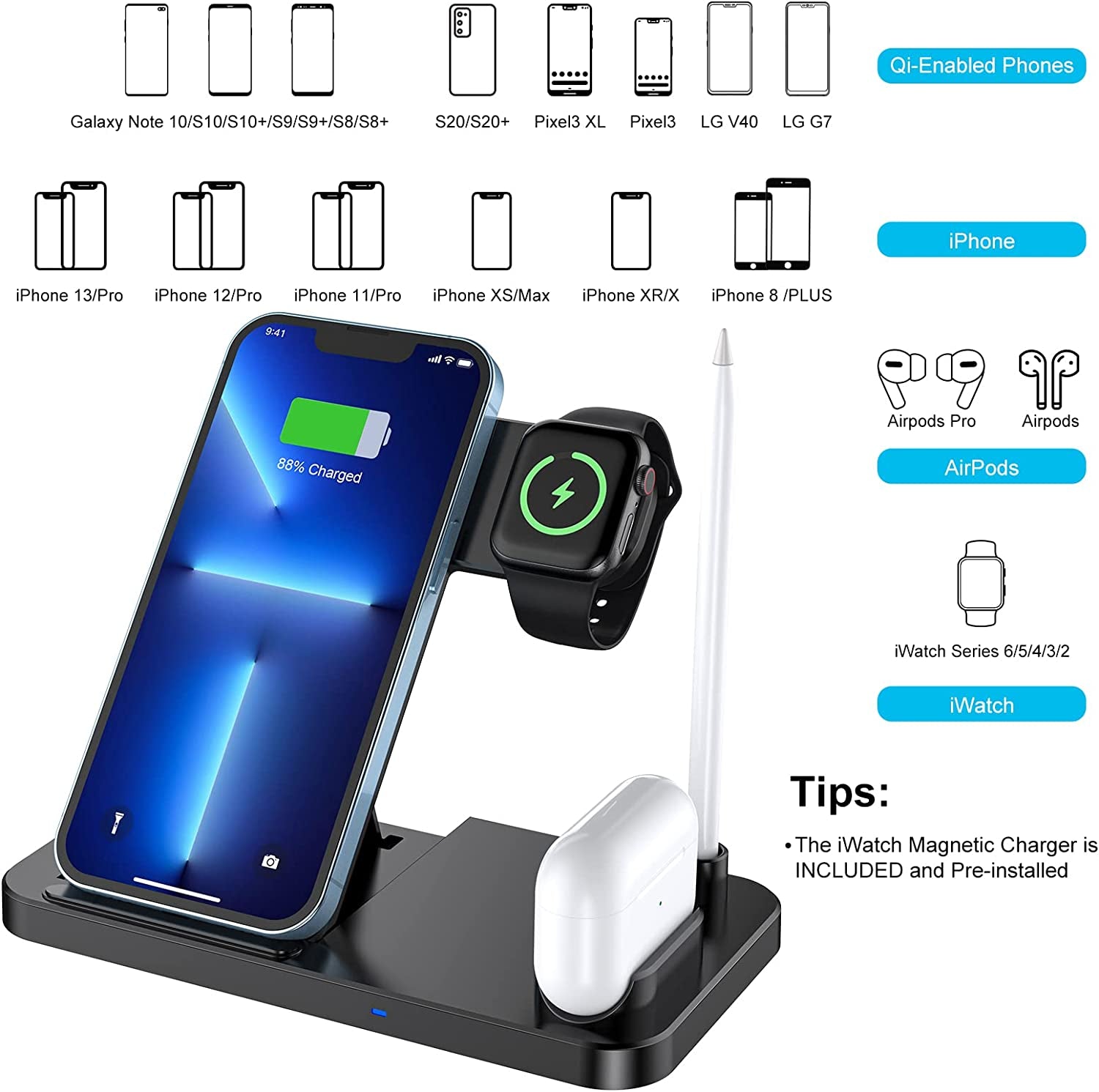 Wireless Charger, CANUVU 4 in 1 Foldable Fast Charging Station Compatible Iwatch & Airpods & Apple Pencil, Iphone 14/13/12/11Series(Pro & Pro Max)/X/Xs/Xs/8, Android Phone(With QC3.0 Adapter)  CANUVU   
