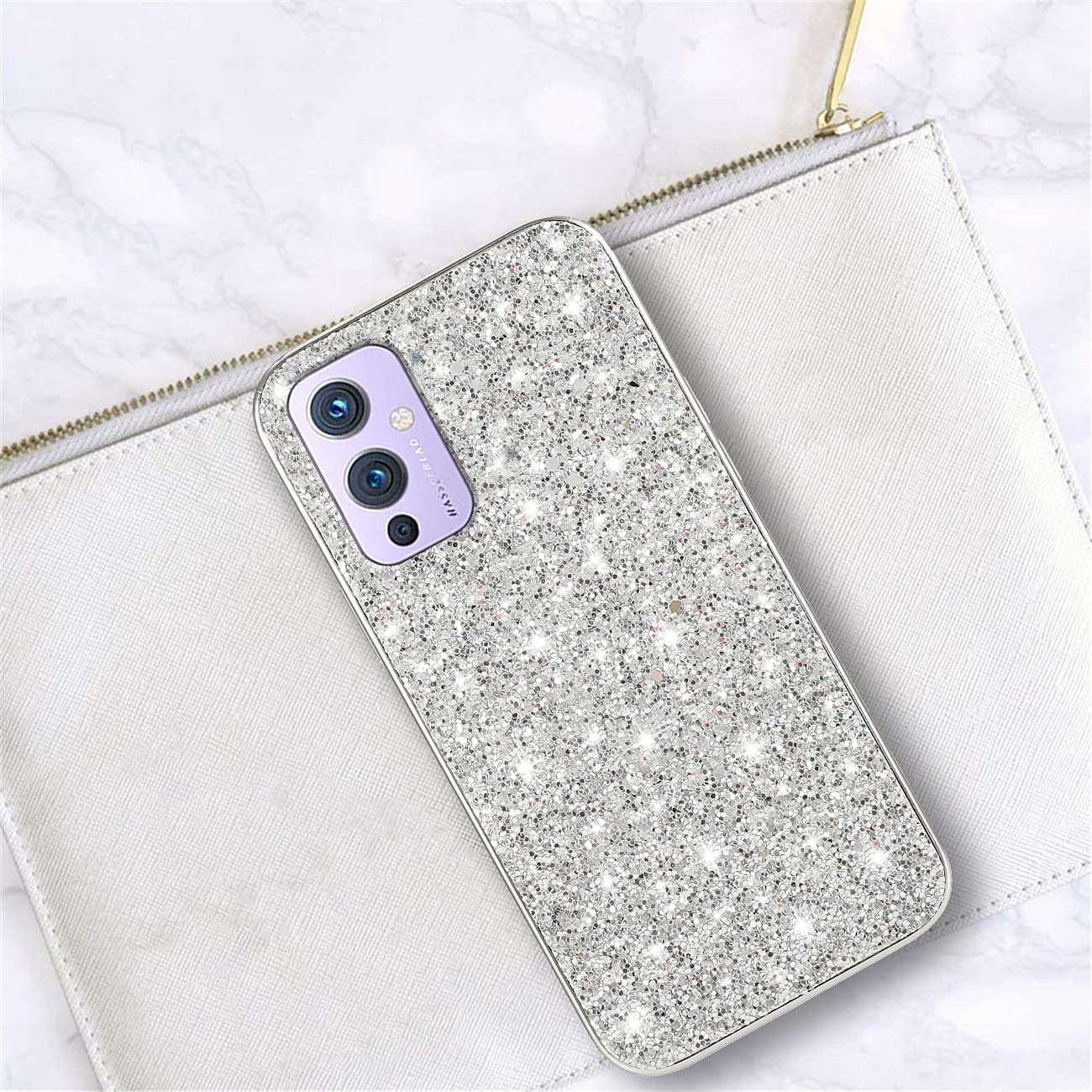 Compatible with Oneplus 9 Case Glitter Shockproof,Oneplus 9 Phone Case Bling Sparkly Soft TPU and PC Silicone Shiny Girl Women Thin Protective Cover (Silver)  Wousunly   