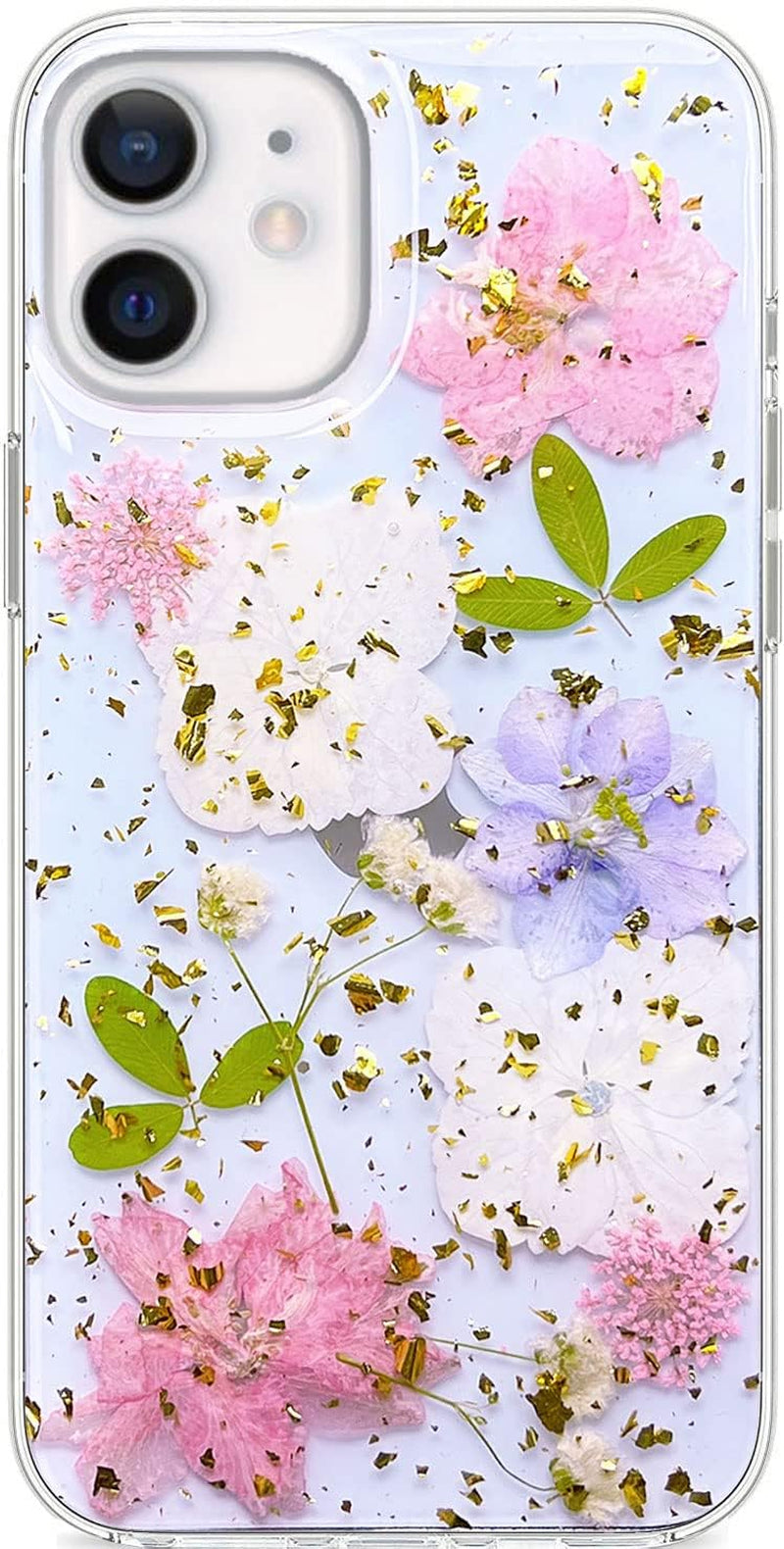 Abbery Designed for Iphone 12 Mini Case Glitter Flower Cute Bling Sparkle Clear with Design Soft Silicone TPU Real Dried Pressed Flowers Floral Aesthetic Phone Cover for Women Girls (3 Pink Flower)  Abbery Glitter Pink Flower  