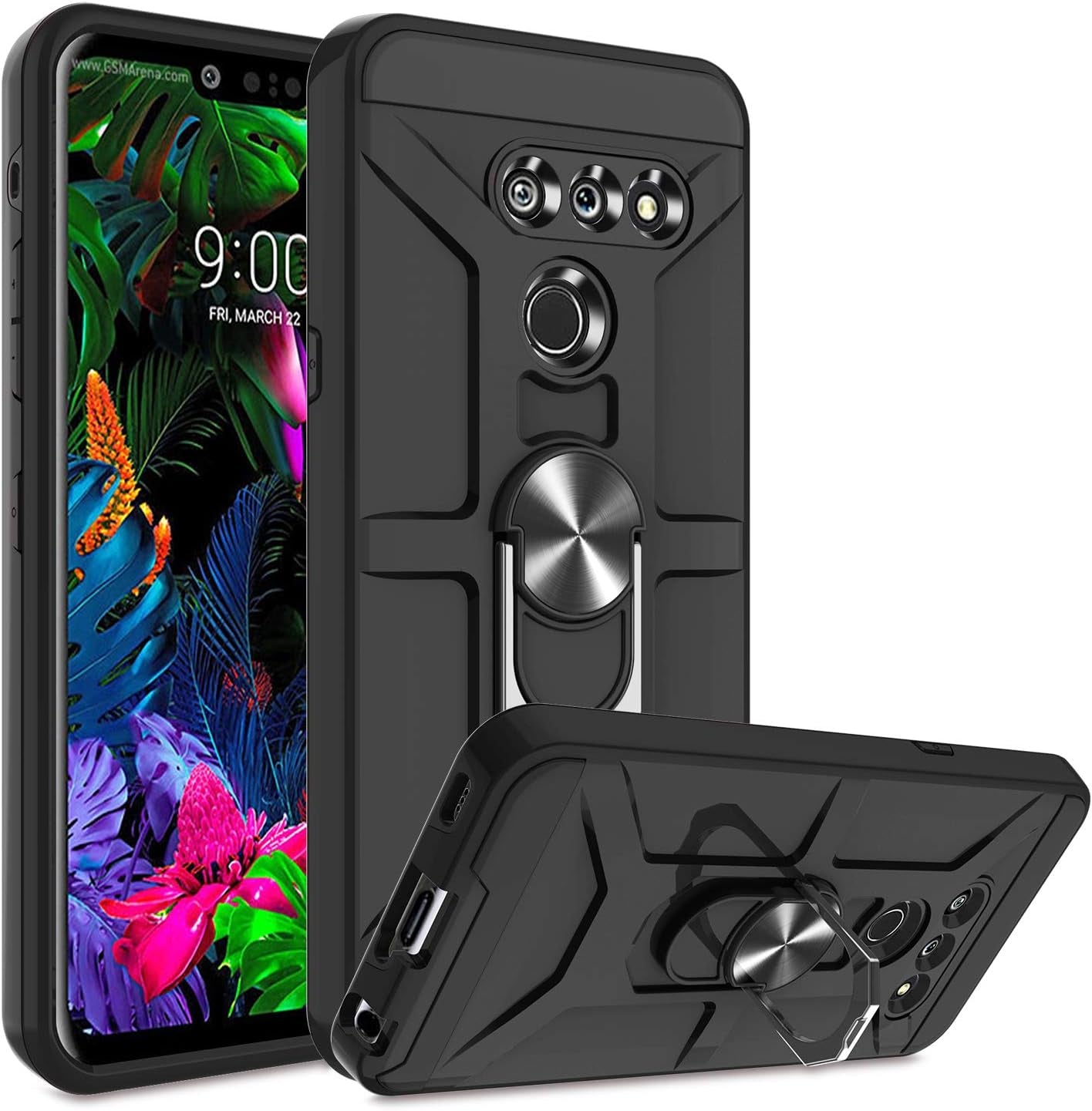 G8 Thinq Case, G8 Case with HD Screen Protector, Atump 360° Rotation Ring Holder Kickstand [Work with Magnetic Car Mount] PC+ TPU Phone Case for LG G8, Rose Gold  Atump Black  