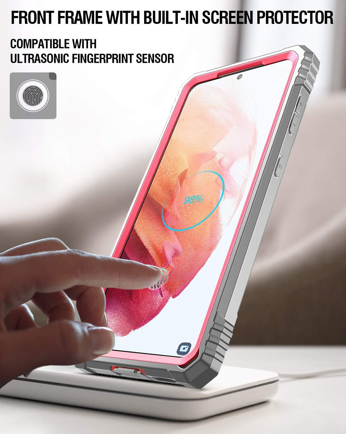 Poetic Revolution Case for Samsung Galaxy S21+ plus 5G 6.7 Inch, Built-In Screen Protector Work with Fingerprint ID, Full Body Rugged Shockproof Protective Cover Case with Kickstand, Pink  Poetic   