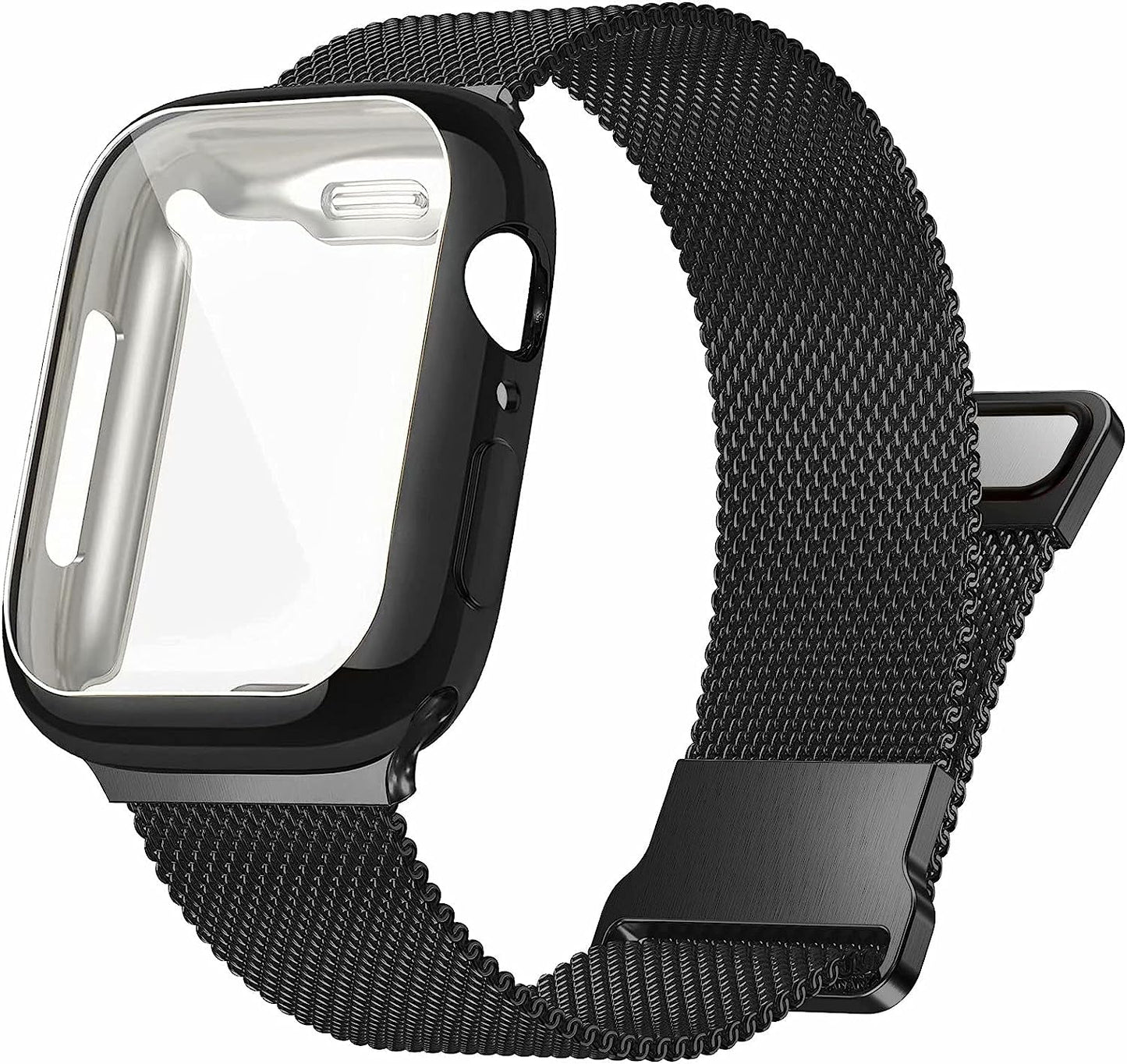 Zsuoop Metal Stainless Steel Band Compatible with Apple Watch Bands 38Mm 40Mm 41Mm 42Mm 44Mm 45Mm with Screen Protector Case,Magnetic Adjustable Strap for Iwatch Series 8/7/6/5/4/SE/3/2/1 Women Men  Zsuoop Black 42 mm 