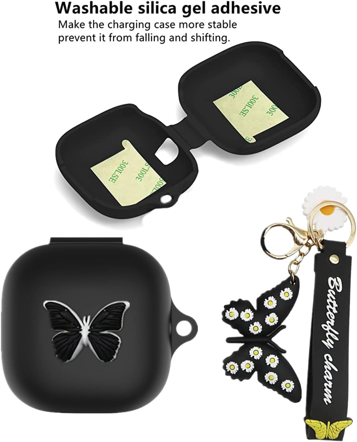 Case for Beats Fit Pro with Wristlet Keychain, Cute Cartoon Butterfly Charm Soft Silicone Charging Case with Wrist Strap Anti-Lost Cover for Beats Fit Pro X 2021/2022, Gift for Women Girl (Black)  YQGFashbf11   