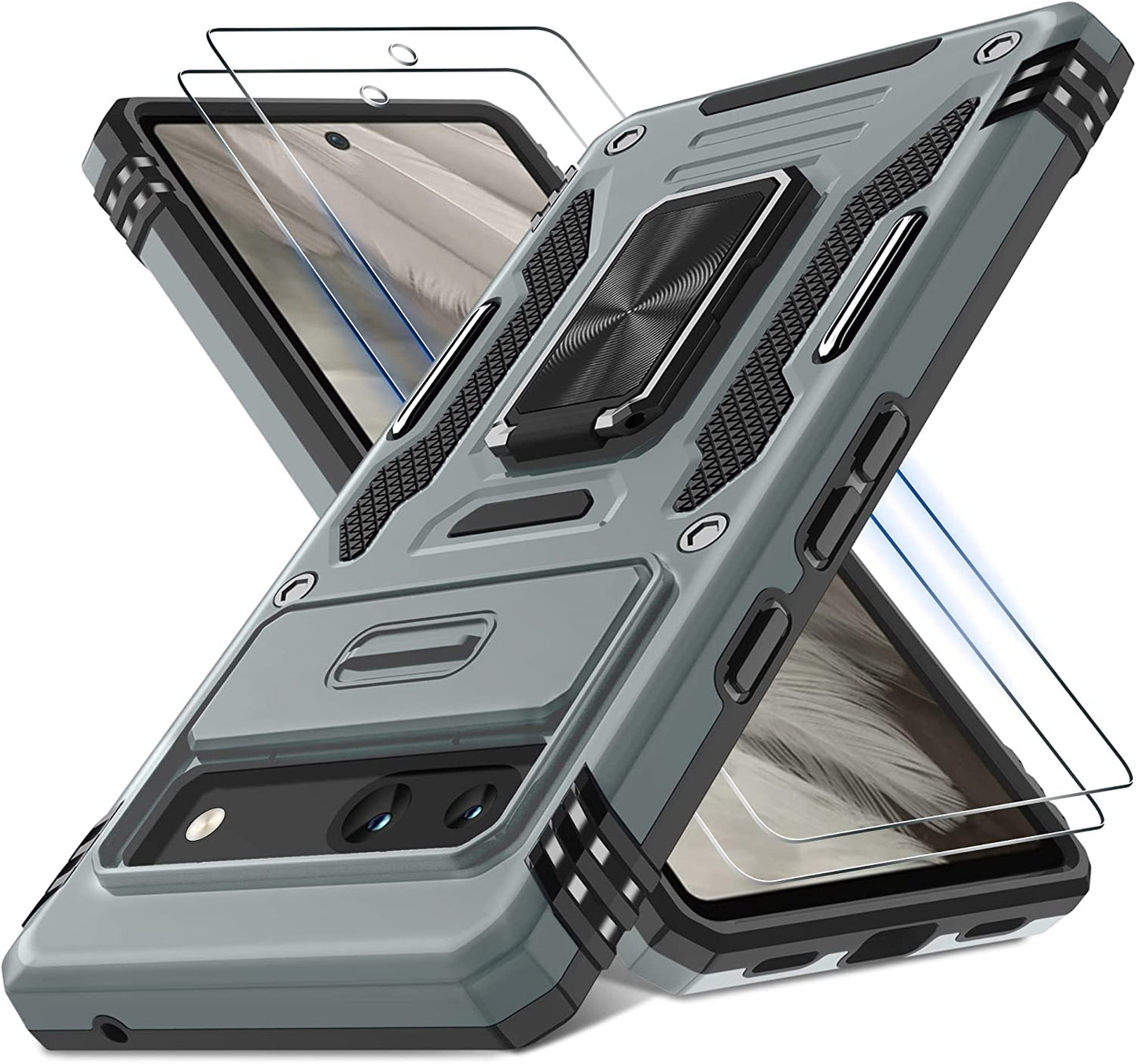 DEERLAMN for Google Pixel 8 Case with Slide Camera Cover+Screen Protector (1 Pack), Rotated Ring Kickstand Military Grade Shockproof Heavy Duty Protective Cover -Black  DEERLAMN Gray Google Pixel 7A 
