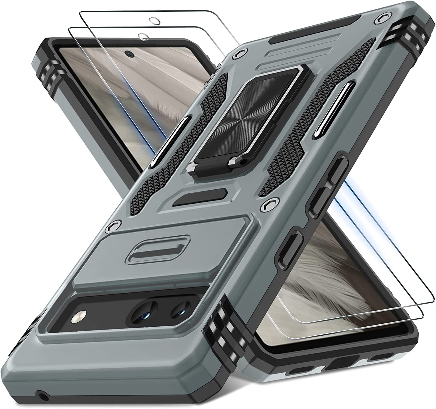 DEERLAMN for Google Pixel 8 Case with Slide Camera Cover+Screen Protector (1 Pack), Rotated Ring Kickstand Military Grade Shockproof Heavy Duty Protective Cover -Black  DEERLAMN Gray Google Pixel 7A 
