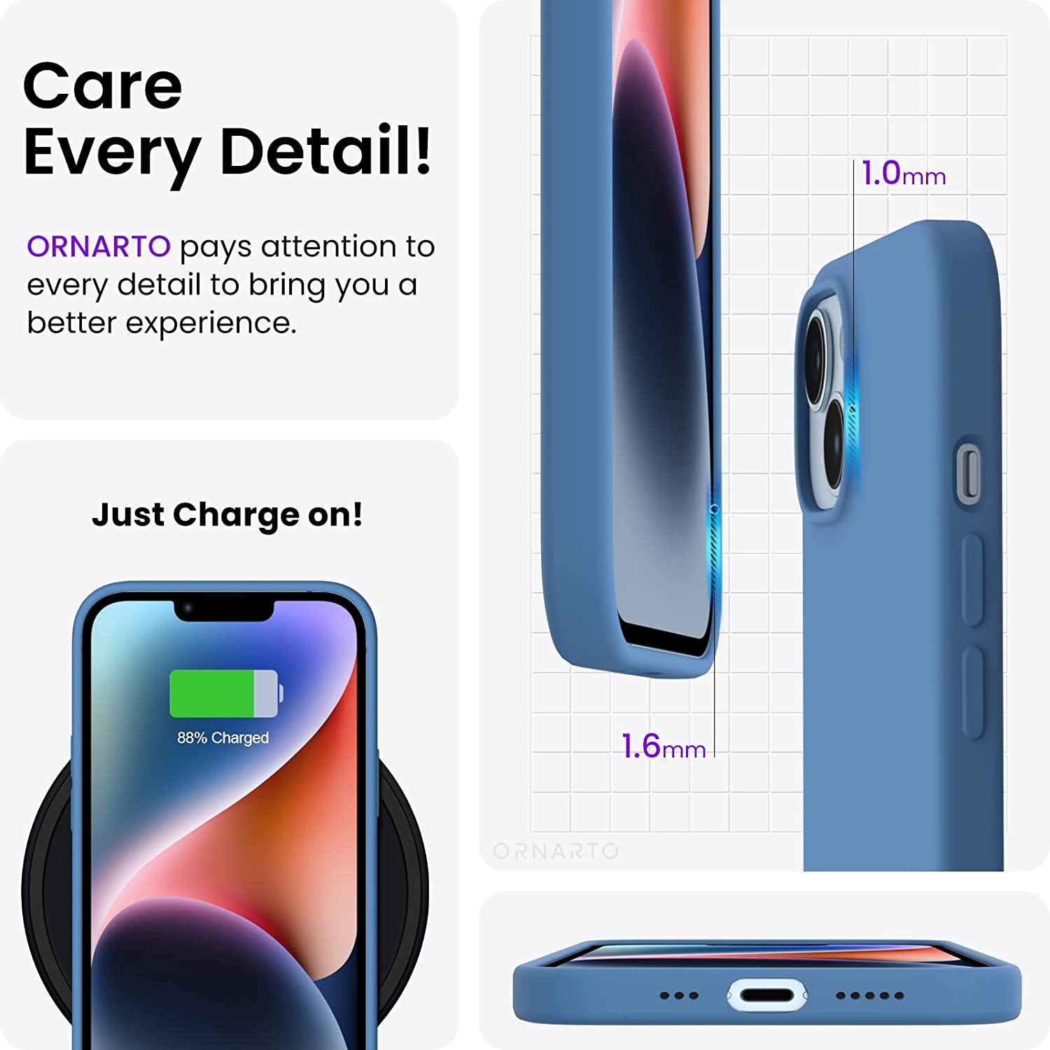 ORNARTO Compatible with Iphone 14 Case 6.1, Slim Liquid Silicone 3 Layers Full Phone Covered Soft Gel Rubber Case Protective Phone Cover 6.1 Inch-Blue  ORNARTO   