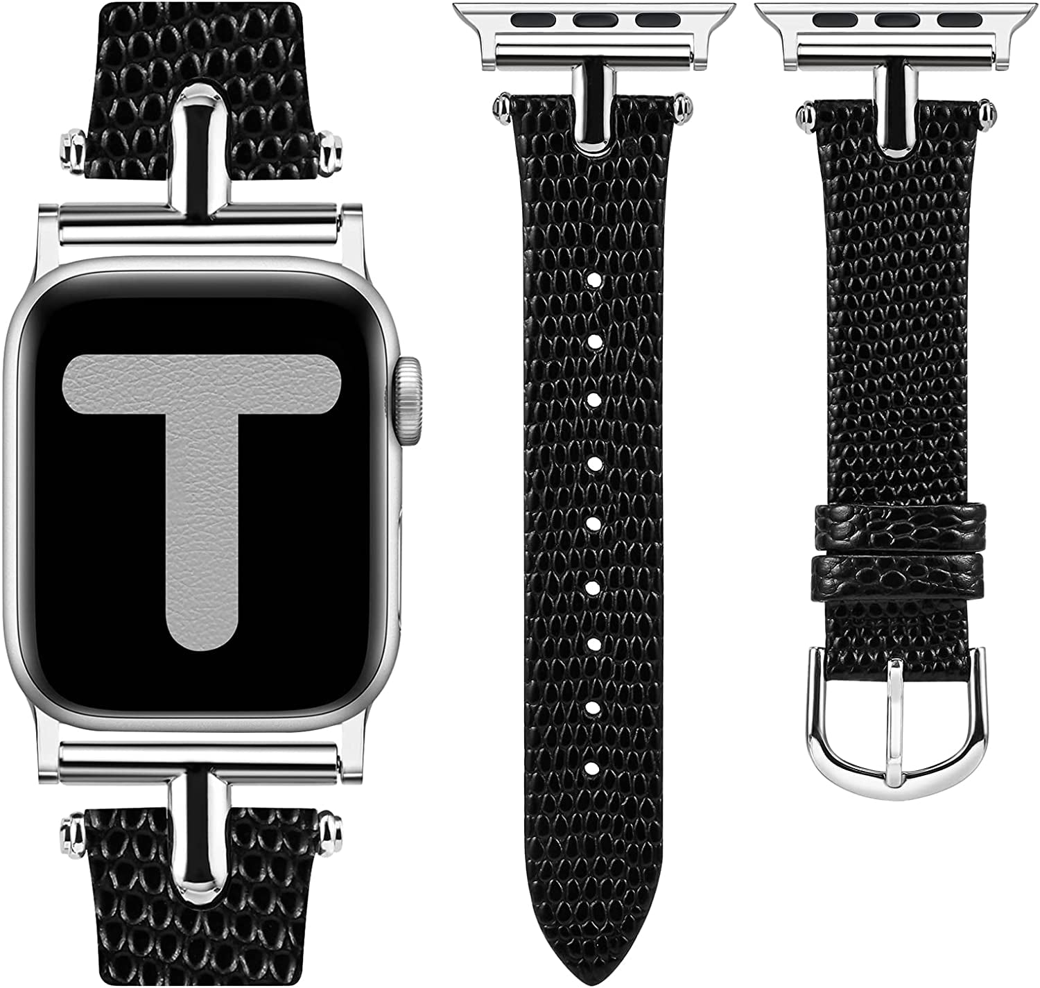 Wearlizer Leather Band Compatible with Apple Watch Band Women 38Mm 40Mm 41Mm 42Mm 44Mm 45Mm 49Mm Dressy Fashion Leather Strap with T-Shape Metal Buckle for Iwatch Bands Ultra SE Series 8 7 6 5 4 3 2 1  Wearlizer Lizard Black/Silver Buckle 42/44/45/49mm 