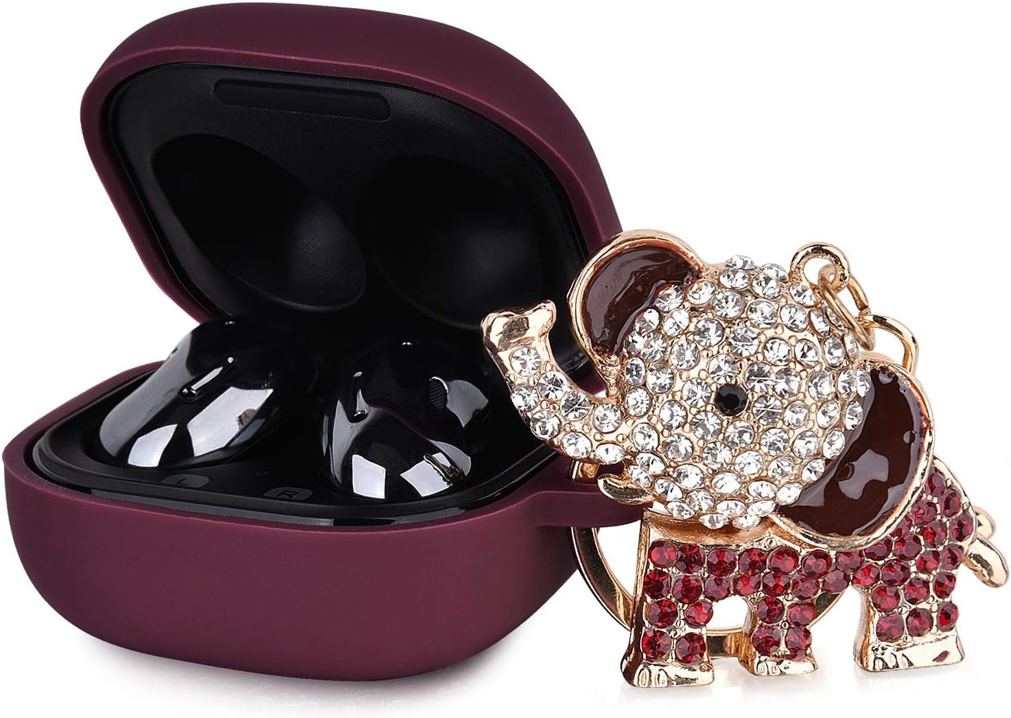 MOFREE Silicone Case Designed for Samsung Galaxy Buds 2/Buds Pro/Buds Live/Buds 2 Pro, Soft Carrying Protective Case Cover with Cute Bling Elephant Keychain for Women Girls (Glittery Rose Gold)  MOFREE Burgundy  