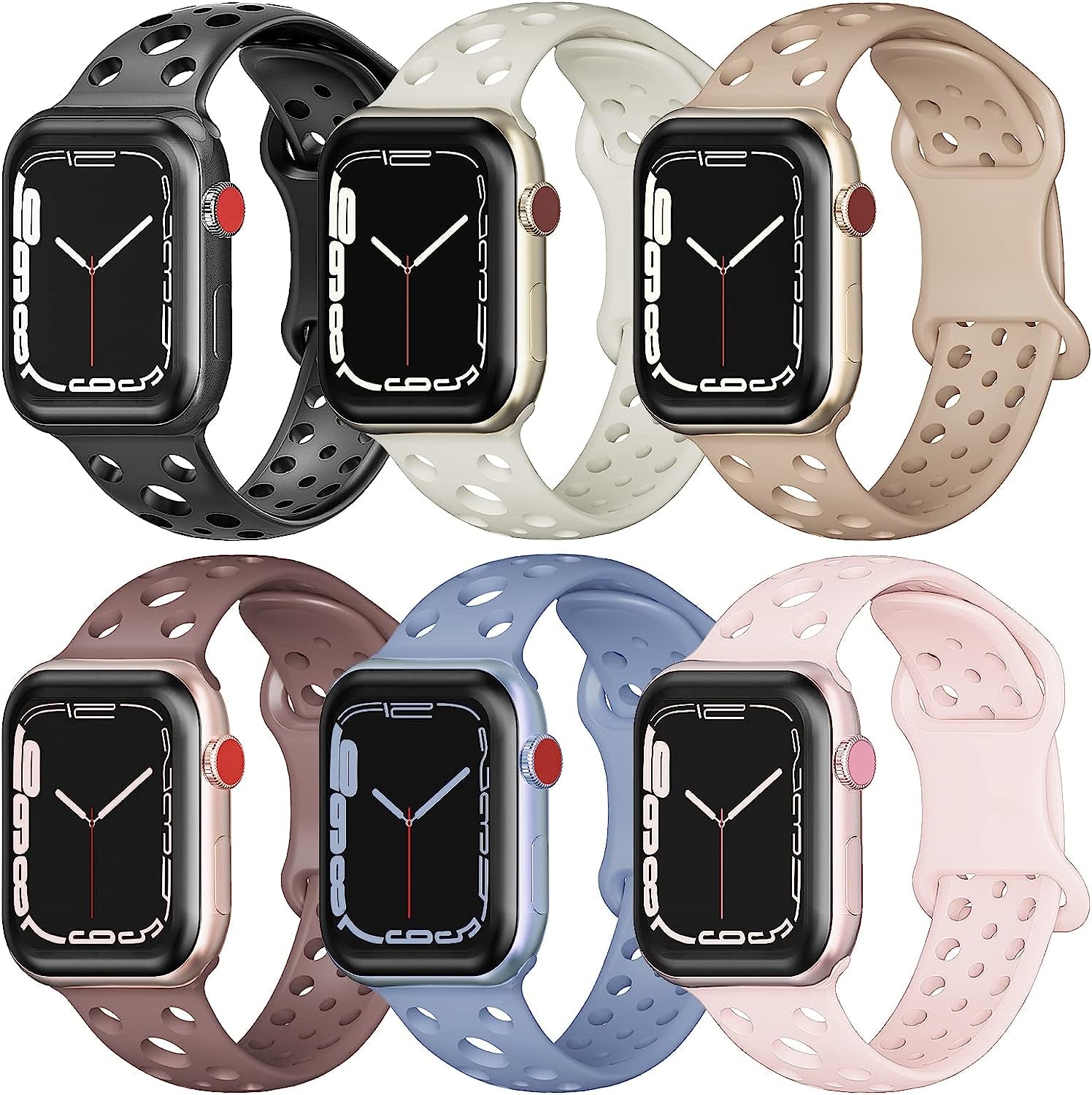 Wohben 6 Pack Sport Bands Compatible with Apple Watch Band 38Mm 40Mm 41Mm 42Mm 44Mm 45Mm Women Men, Breathable Soft Silicone Bands Waterproof Replacement Strap for Iwatch Series 7 6 5 4 3 2 1 SE  Wohben black/foggy blue/sand pink/starlight/milk tea/plum purple 42/44/45/49MM 