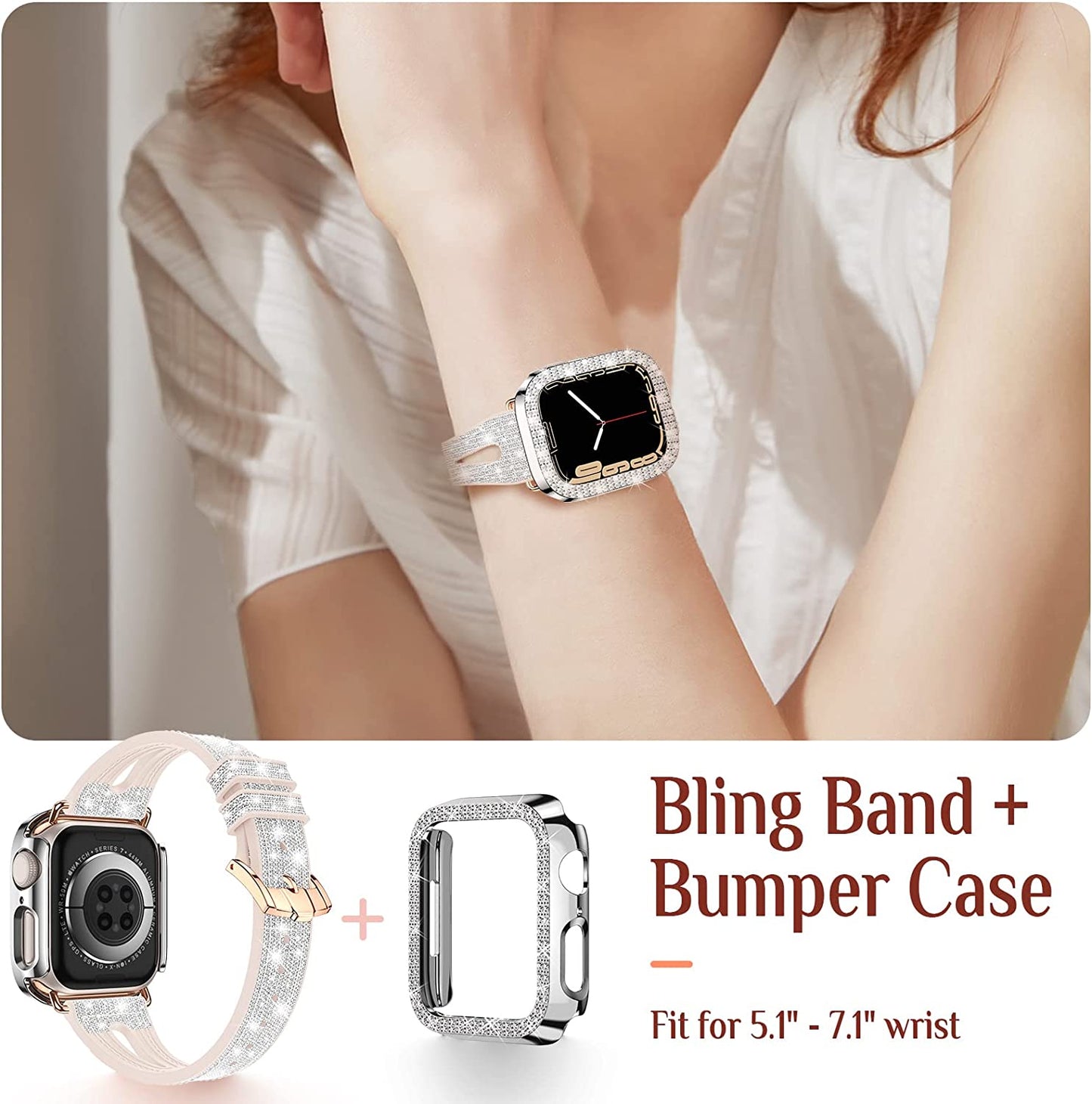 Goton Bling Band +Case for Apple Watch Bands 45Mm 44Mm 41Mm 40Mm 38Mm Series 8 7 SE 6 5 4 3 2 1, Women Glitter Silicone Thin Strap + Bumper Cover Designed for Iwatch Accessories  Yin-Goton   