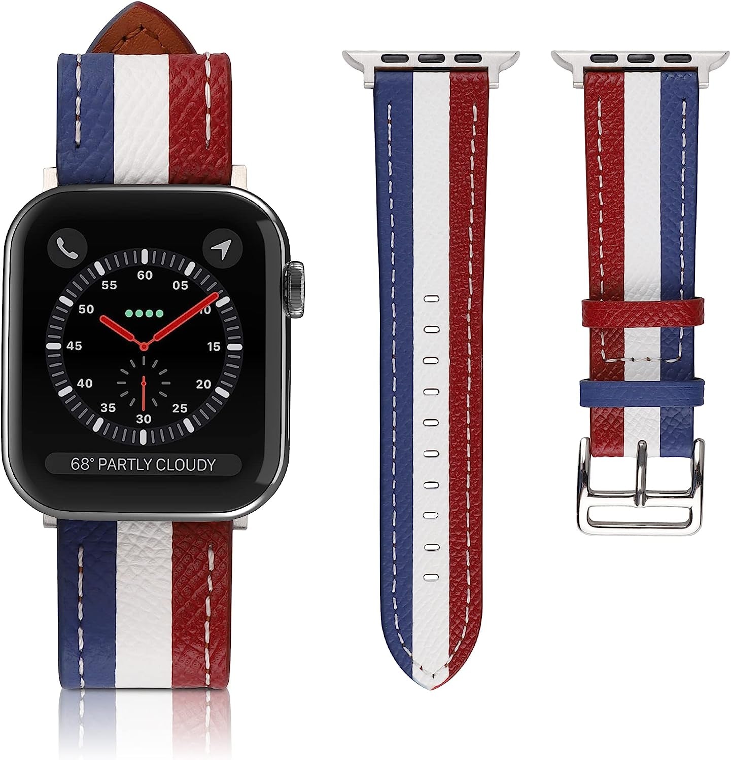 VAKS Compatible with Apple Watch Ultra Leather Band 38Mm 40Mm 41Mm 42Mm 44Mm 45Mm 49Mm for Women Men, Genuine Leather Wristband Replacement Strap for Iwatch Series Ultra/Se2/8/7/6/5/4/3/2/1/Se  VAKS Blue White Red 38mm / 40mm / 41mm 