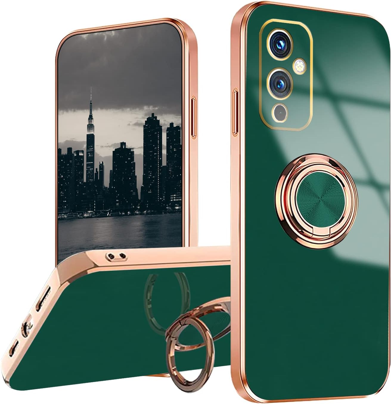 Jancyu Compatible with Oneplus 9 Case, Phone Case for One plus 9 Cute Silicone Protective Fundas with 360 Degrees Magnetic Life Holder Bracket Mobile Caver (Light Green)  Jancyu Dark Green  