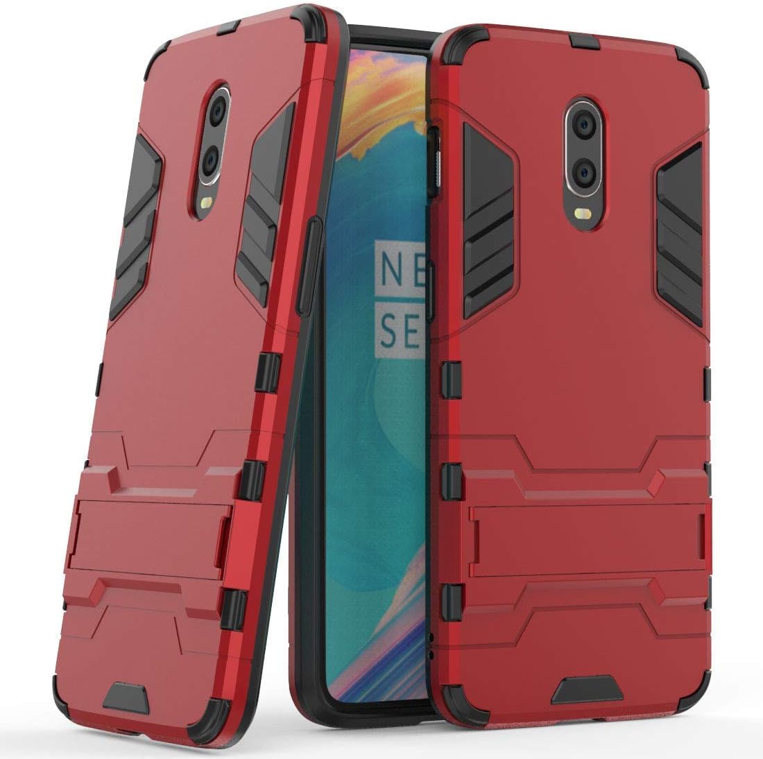 Maijin Case for Oneplus 6T / Oneplus 7 (6.41 Inch) 2 in 1 Shockproof with Kickstand Feature Hybrid Dual Layer Armor Defender Protective Cover (Grey)  MaiJin Red  