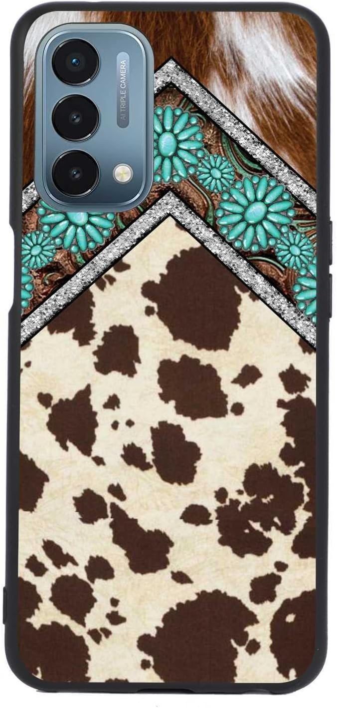 KSHSAA Designed for Oneplus Nord N200 5G Cowhide Case, Cowhide Western Pattern Boho Chic Country Farmgirl for Oneplus Case Women Men, Soft Silicone Shockproof Fashion Case for Oneplus  KSHSAA Turquoise And Brown  