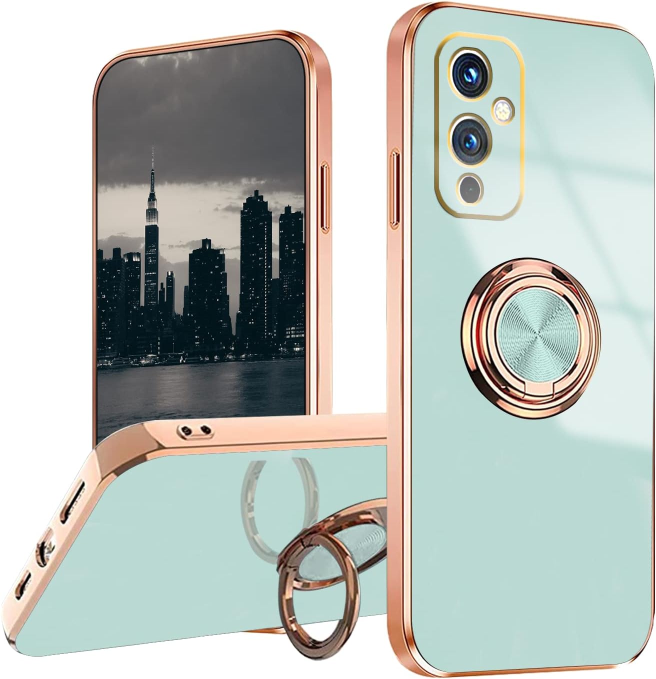 Jancyu Compatible with Oneplus 9 Case, Phone Case for One plus 9 Cute Silicone Protective Fundas with 360 Degrees Magnetic Life Holder Bracket Mobile Caver (Pink)  Jancyu Light Green  