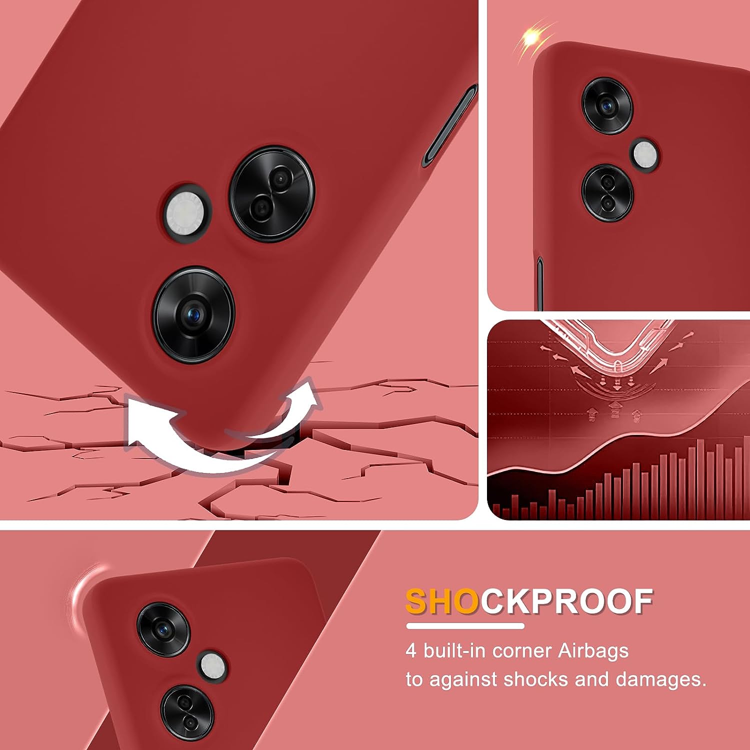 YENAPOON for Oneplus Nord N30 5G Case and 2 Pack Tempered Glass Screen Protector, Slim Liquid Silicone Shockproof Protective Case - Red  YENAPOON   